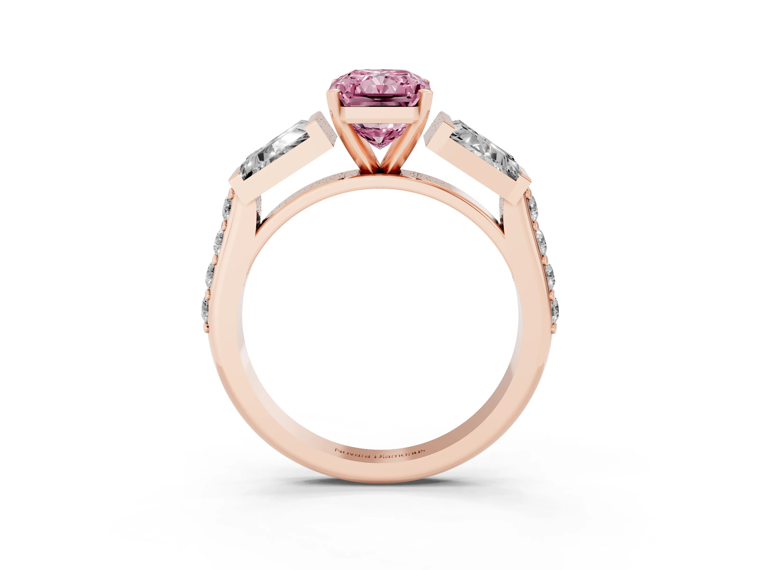 Fancy Pink Radiant Cut Diamond Engagement Ring Set in Rose gold with Baguette Side Stones and Channel Set Band