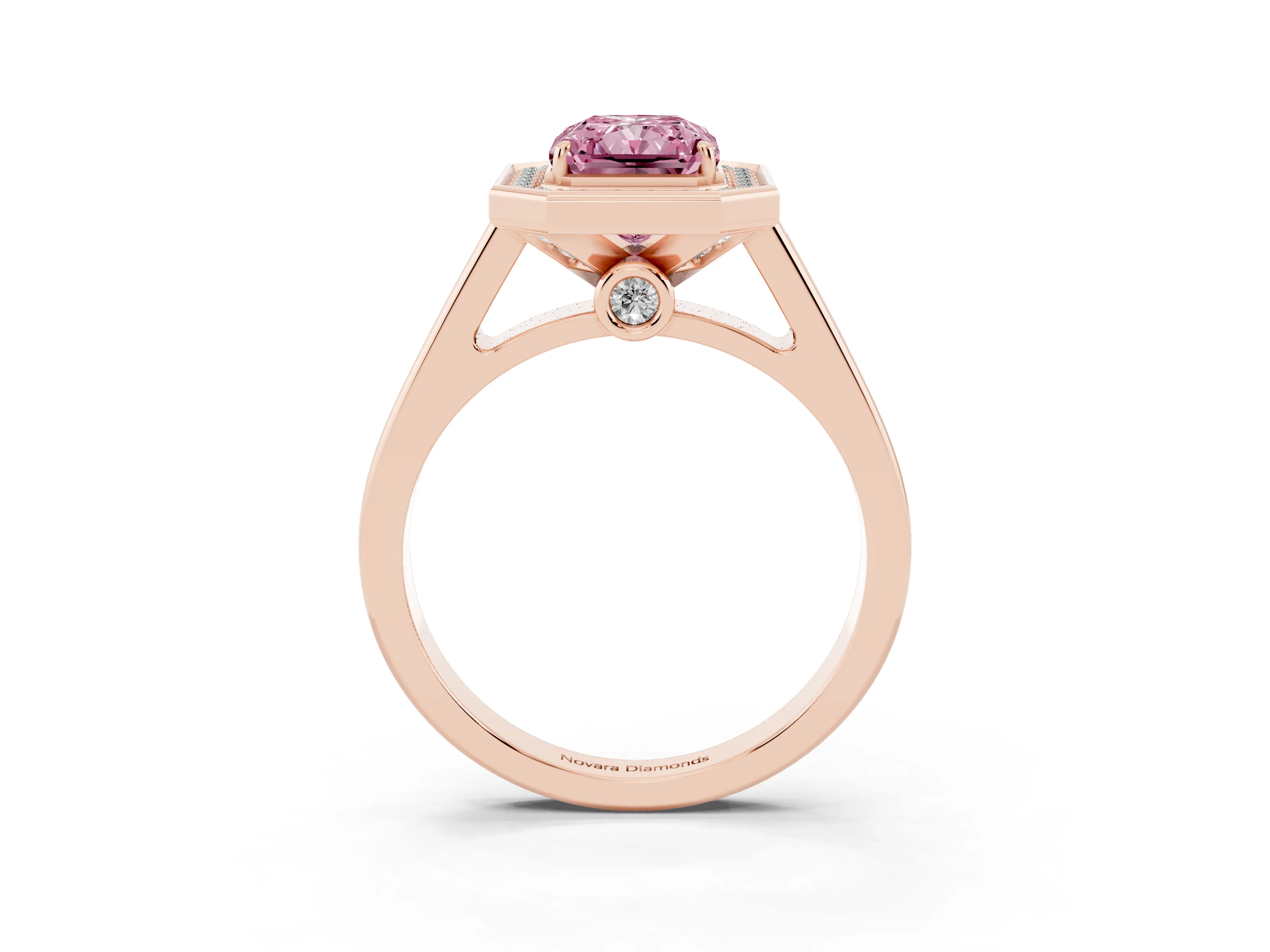 Fancy Pink Radiant Cut Diamond Halo Solitaire Ring Set in Rose gold with Pavé Band and Bezel Setting