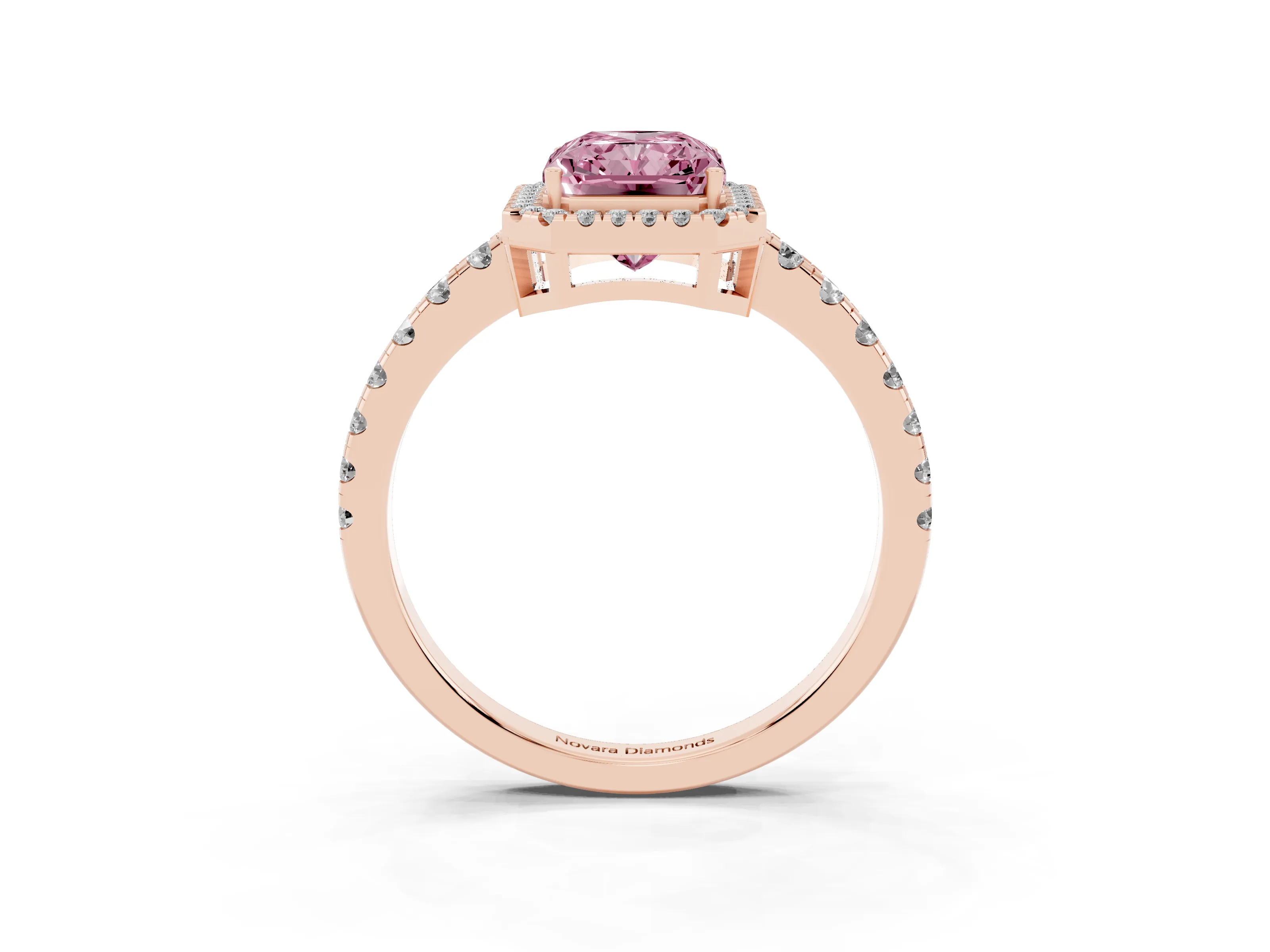 Fancy Pink Radiant Cut Diamond Halo Ring Set in Rose gold with Delicate Pavé Band and Prong Setting