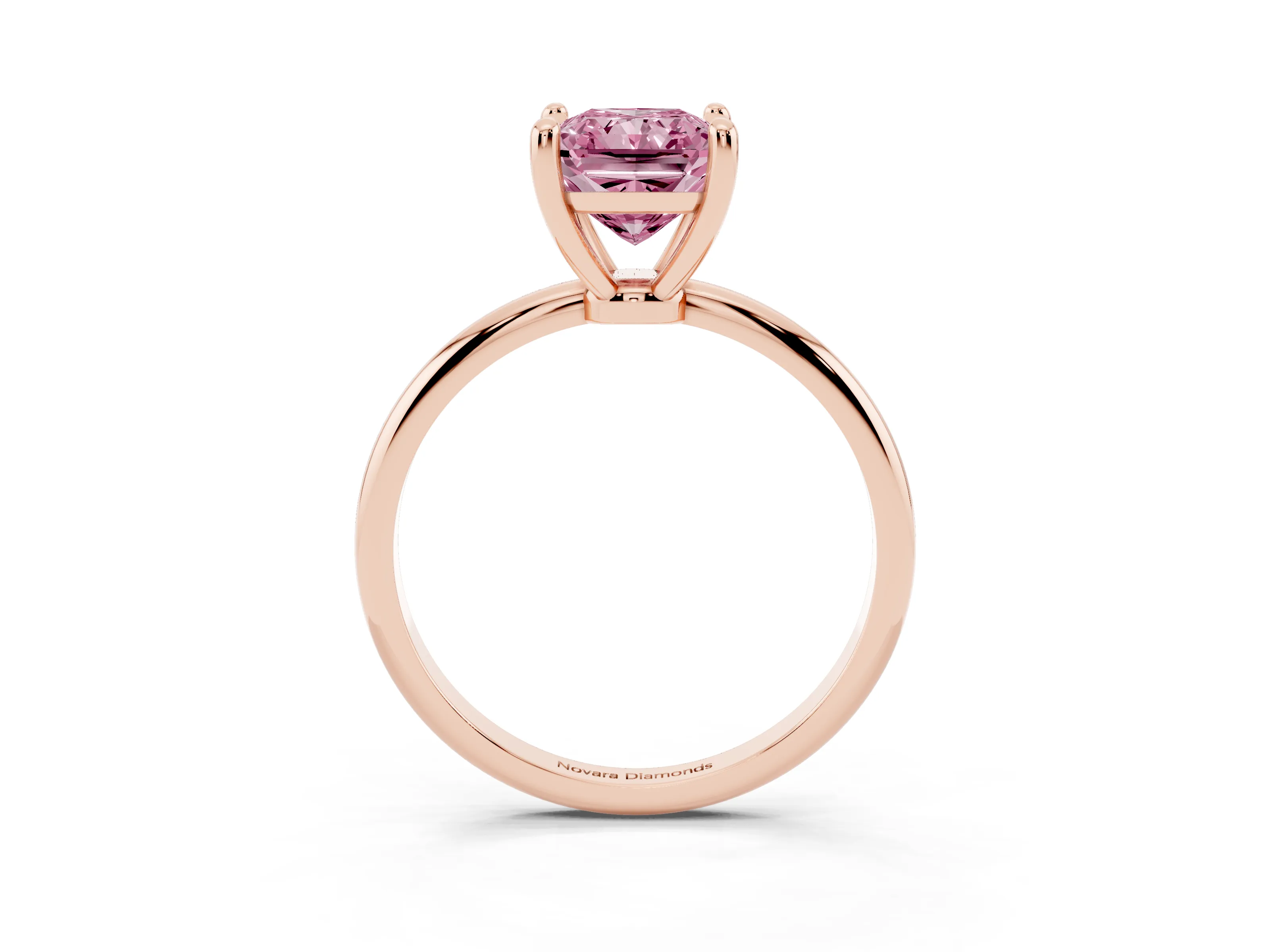 Fancy Pink Radiant Cut Diamond Solitaire Ring Set in Rose gold with Secure Prong Setting on a Classic Band