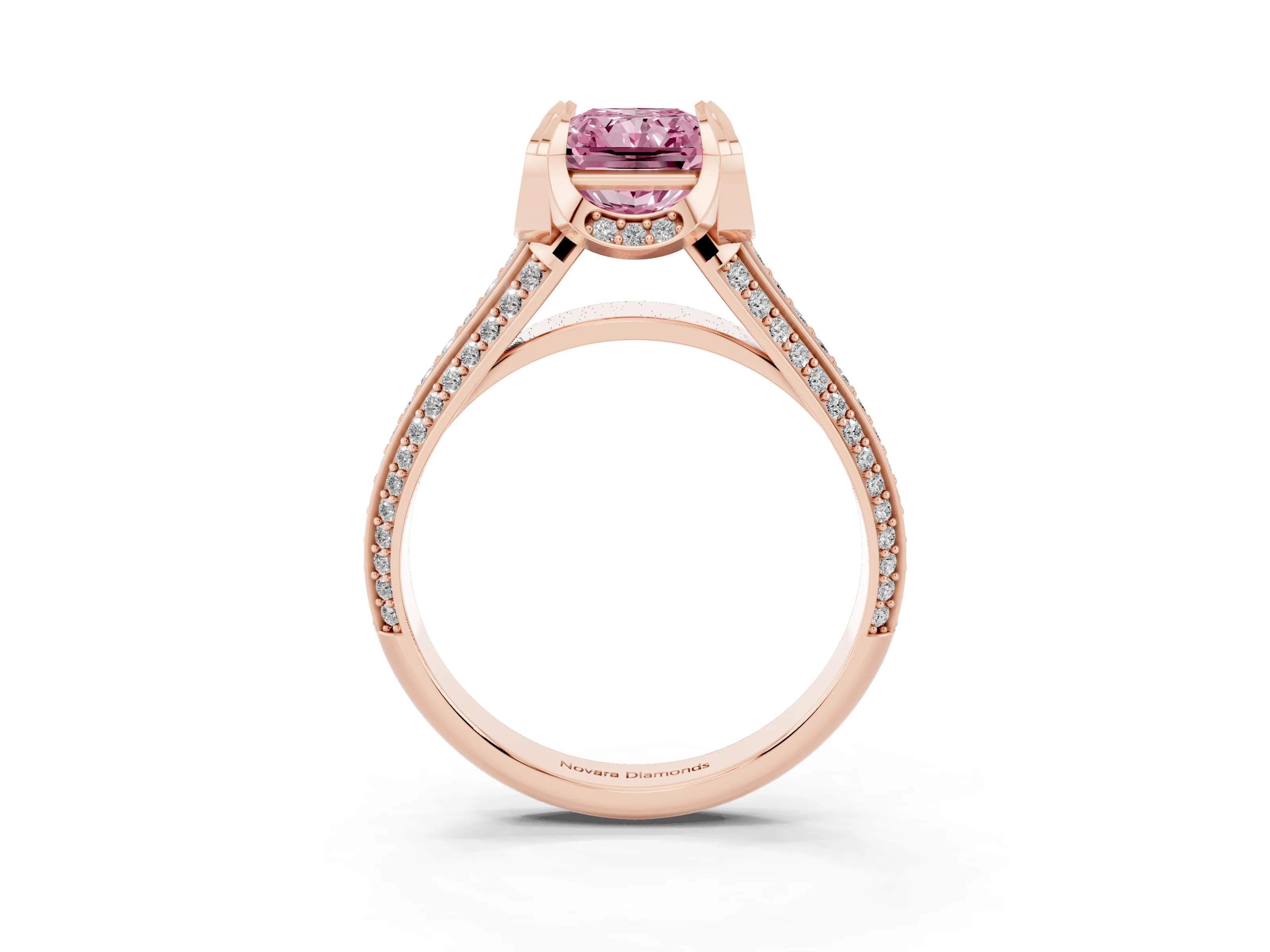 Fancy Pink Radiant Cut Diamond Pavé Split Shank Solitaire Ring Set in Rose gold with Prong Setting