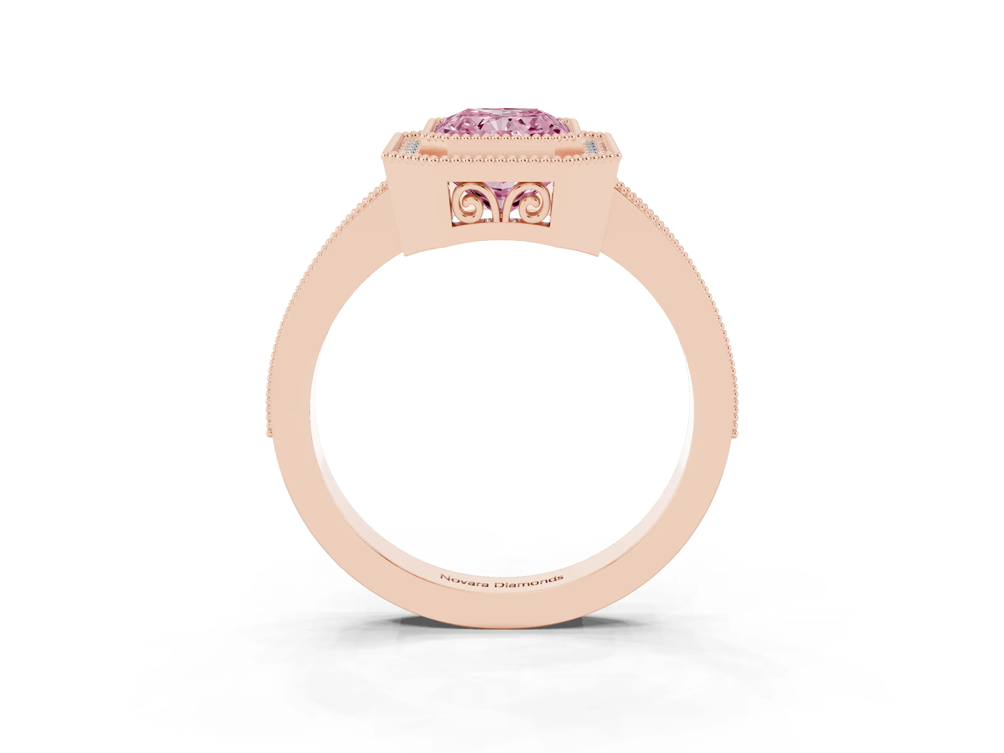 Fancy Pink Radiant Cut Diamond Halo Ring Set in Rose gold with Pavé Band and Milgrain-Edged Prongs
