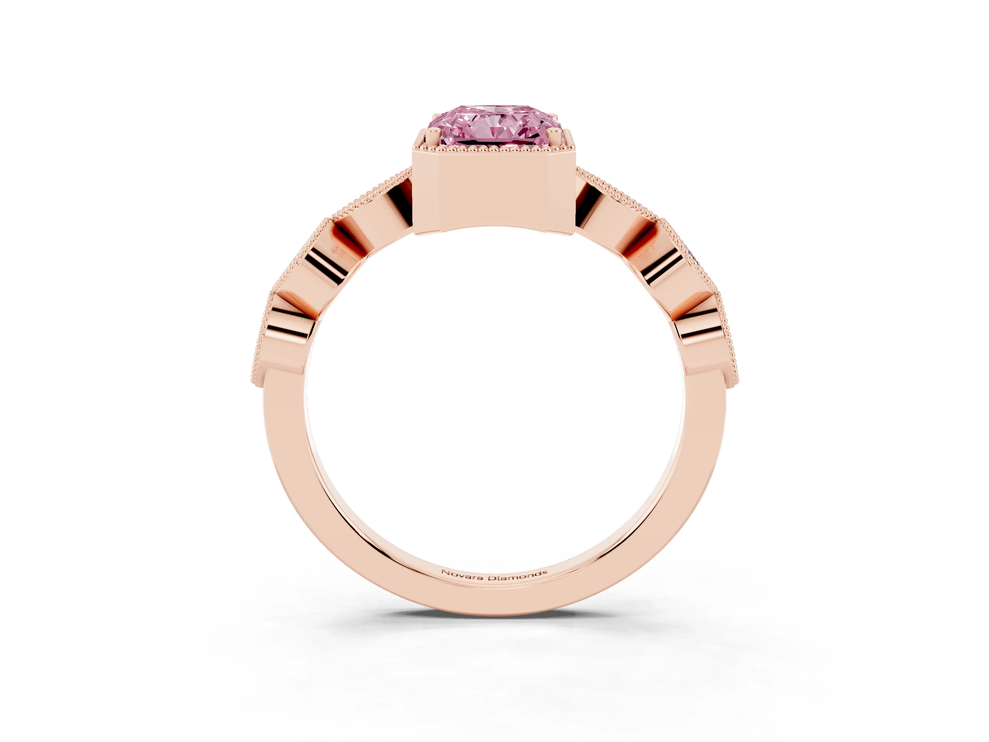 Fancy Pink Radiant Cut Diamond Vintage-Inspired Milgrain Ring Set in Rose gold with Marquise Stations of Round Accents
