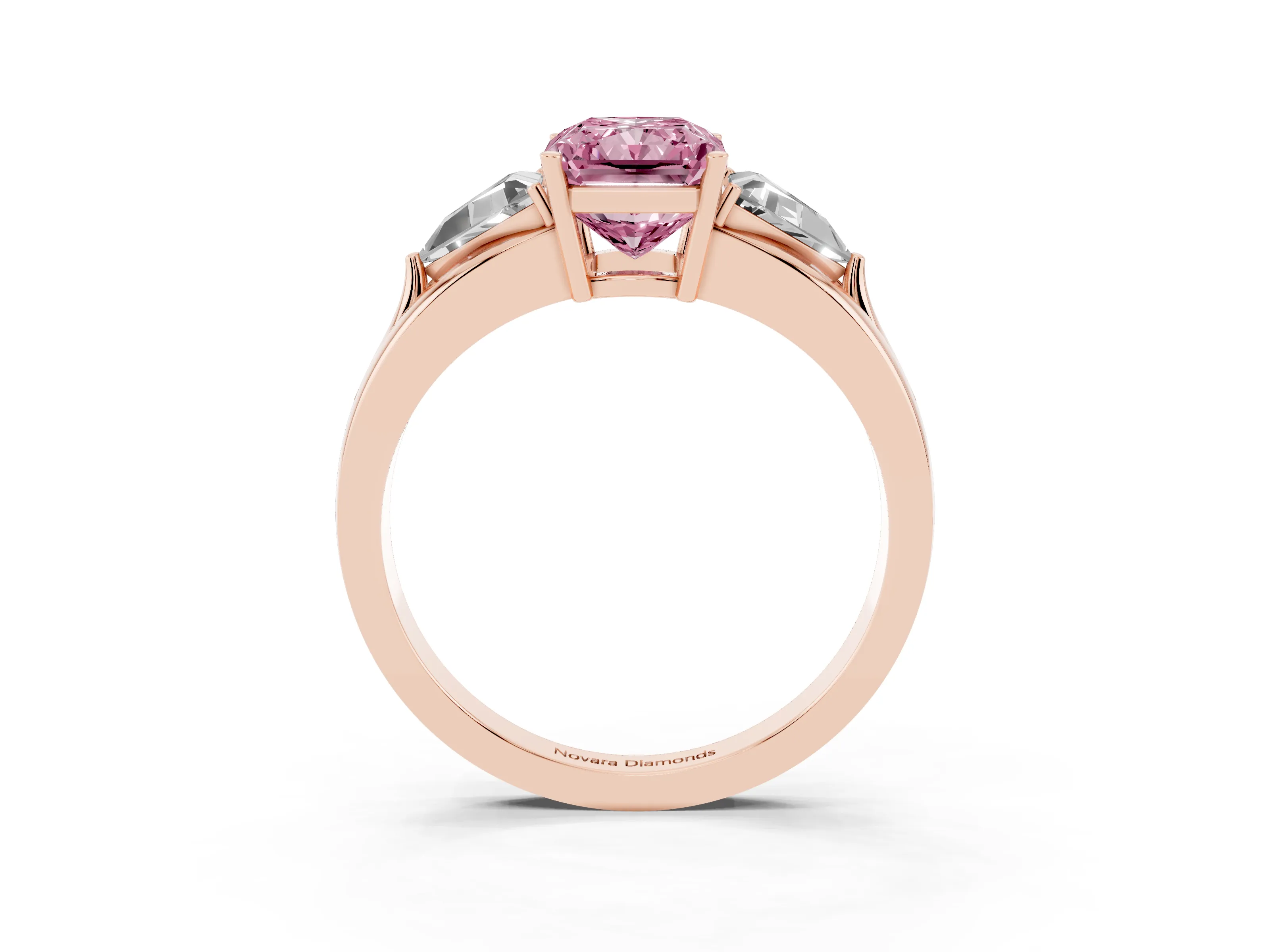 Fancy Pink Radiant Cut Diamond Three-Stone Ring Set in Rose gold with Trillion Side Stones and Split Shank