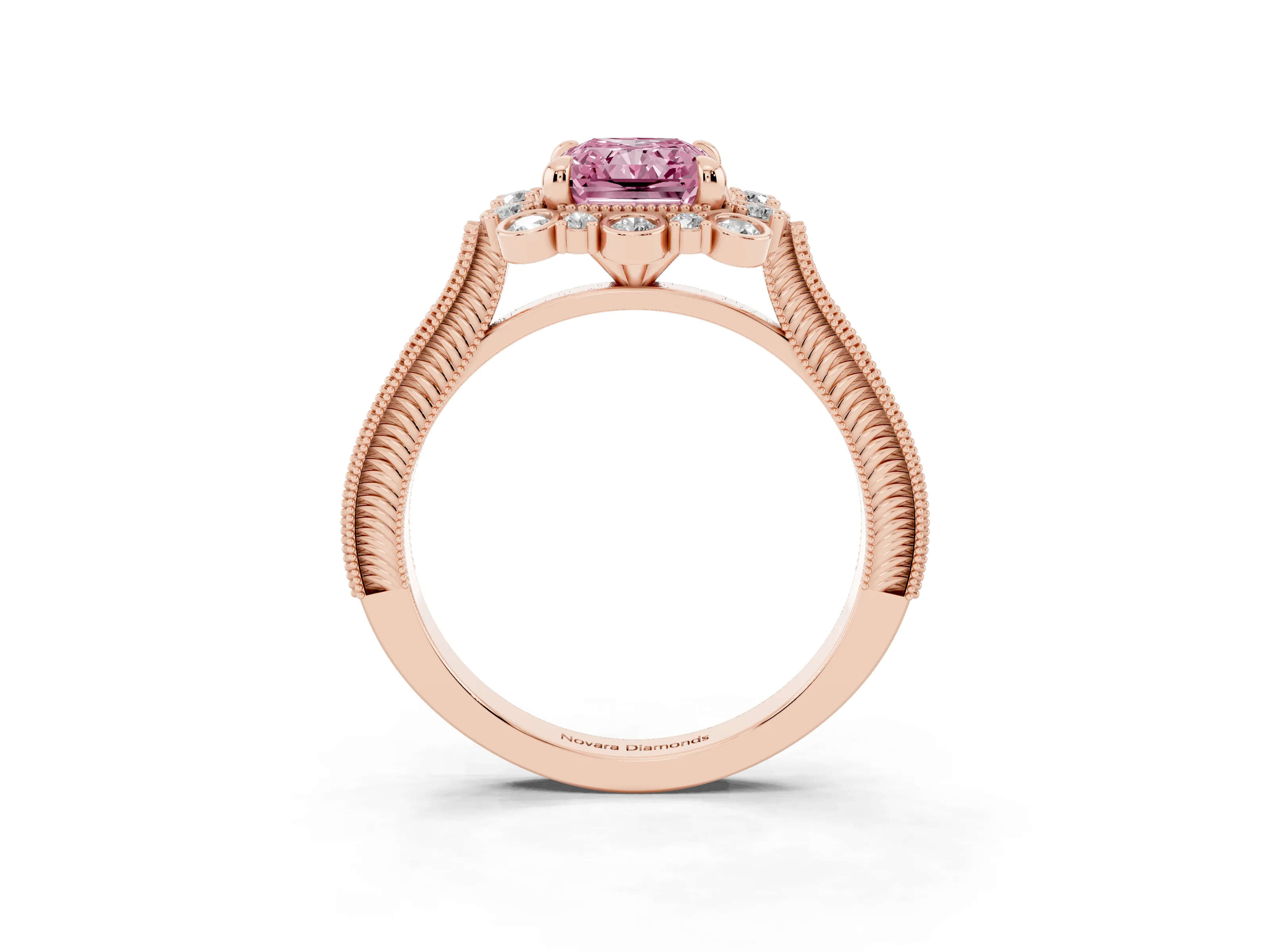 Fancy Pink Radiant Cut Diamond Halo Milgrain Pavé Ring Set in Rose gold with Prong Setting