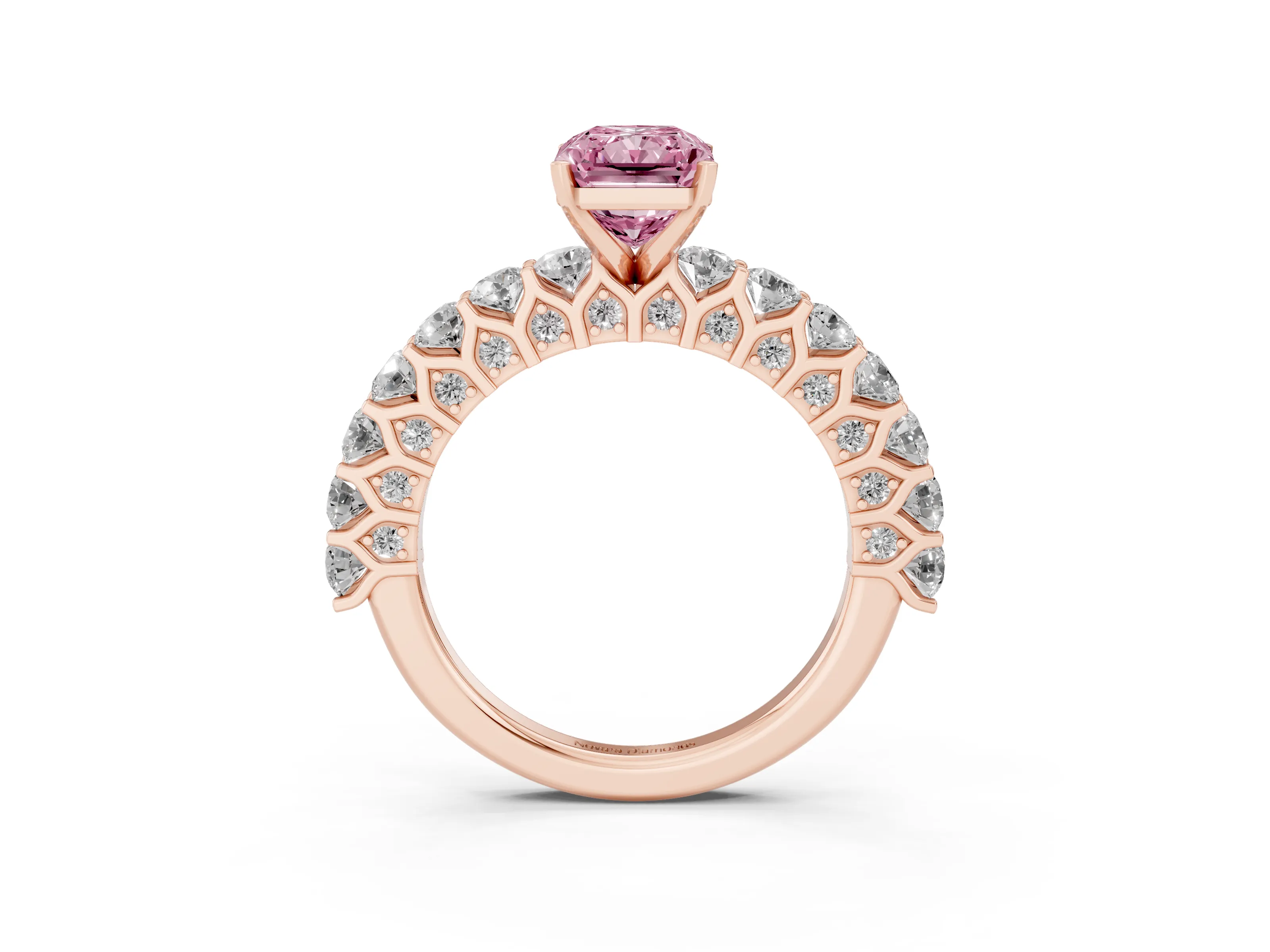 Fancy Pink Radiant Cut Diamond Solitaire Ring Set in Rose gold with Shared Prong Pavé Band