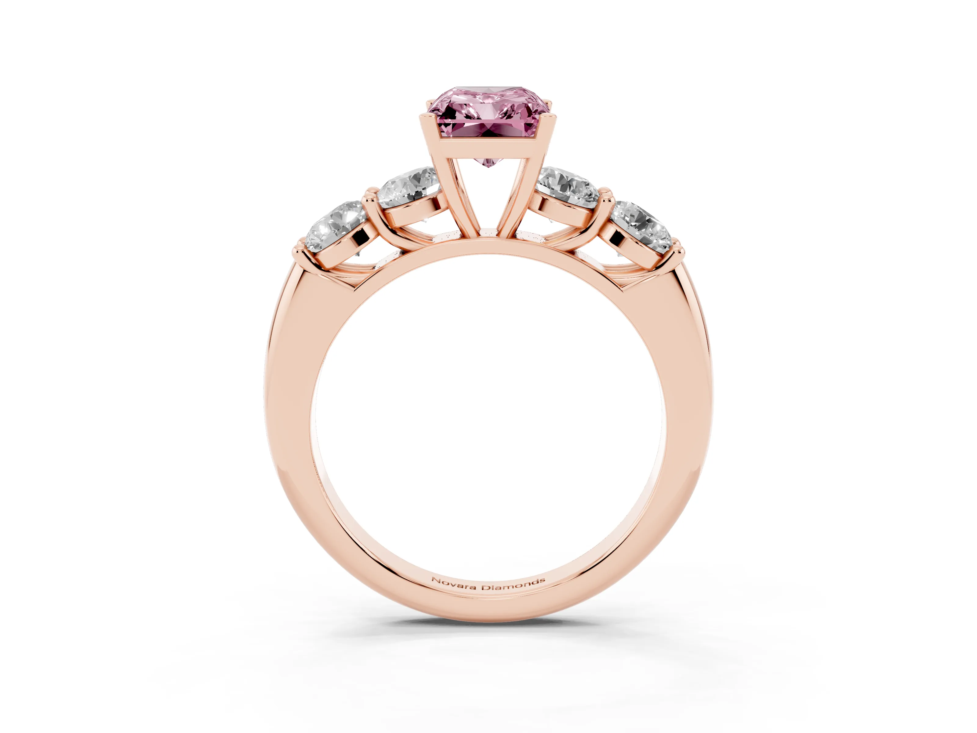 Fancy Pink Radiant Cut Diamond Five-Stone Prong Set Ring Set in Rose gold with Classic Band