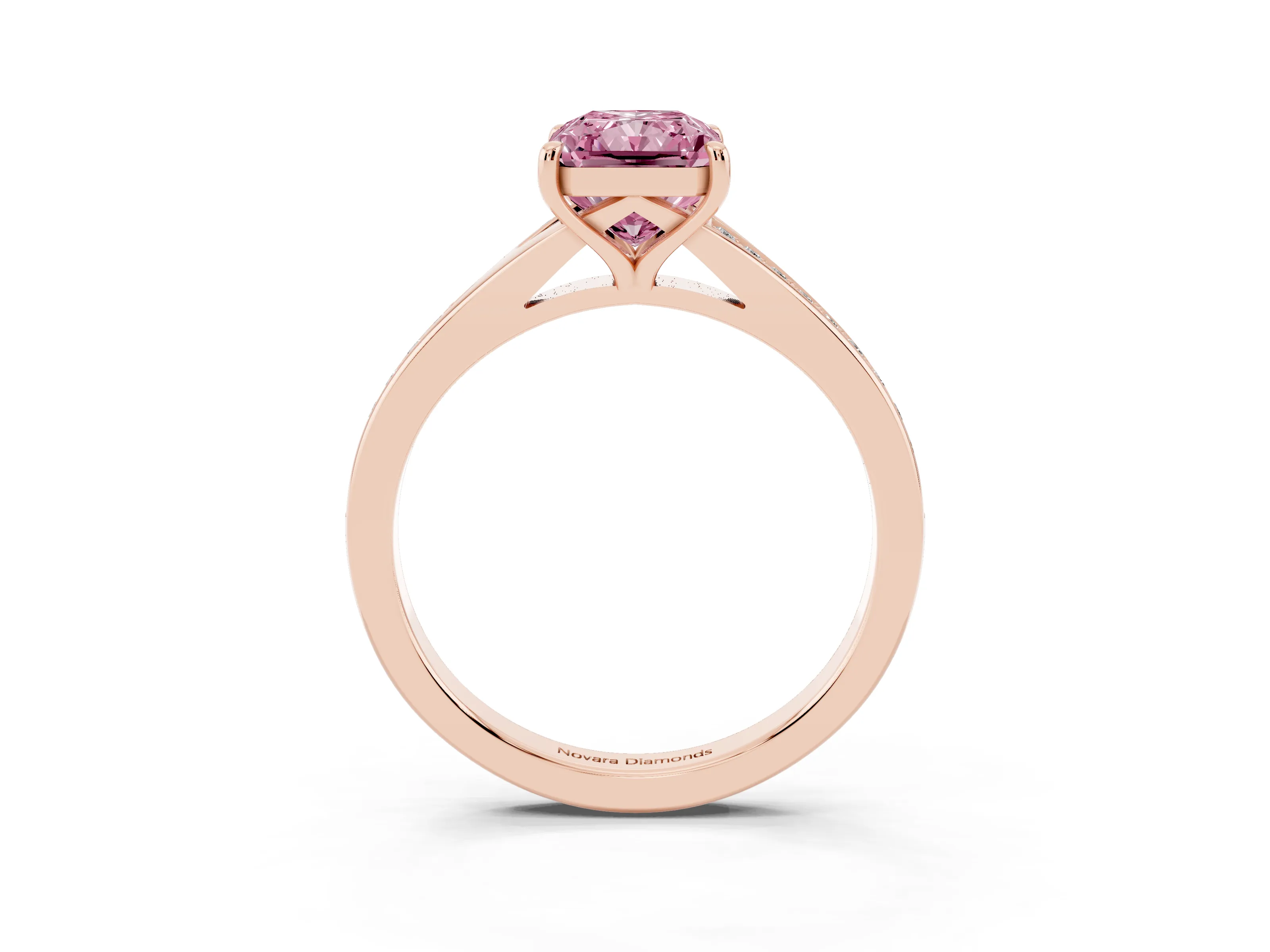 Fancy Pink Radiant Cut Diamond Solitaire Ring Set in Rose gold with Pavé Accent Band and Classic Prong Setting