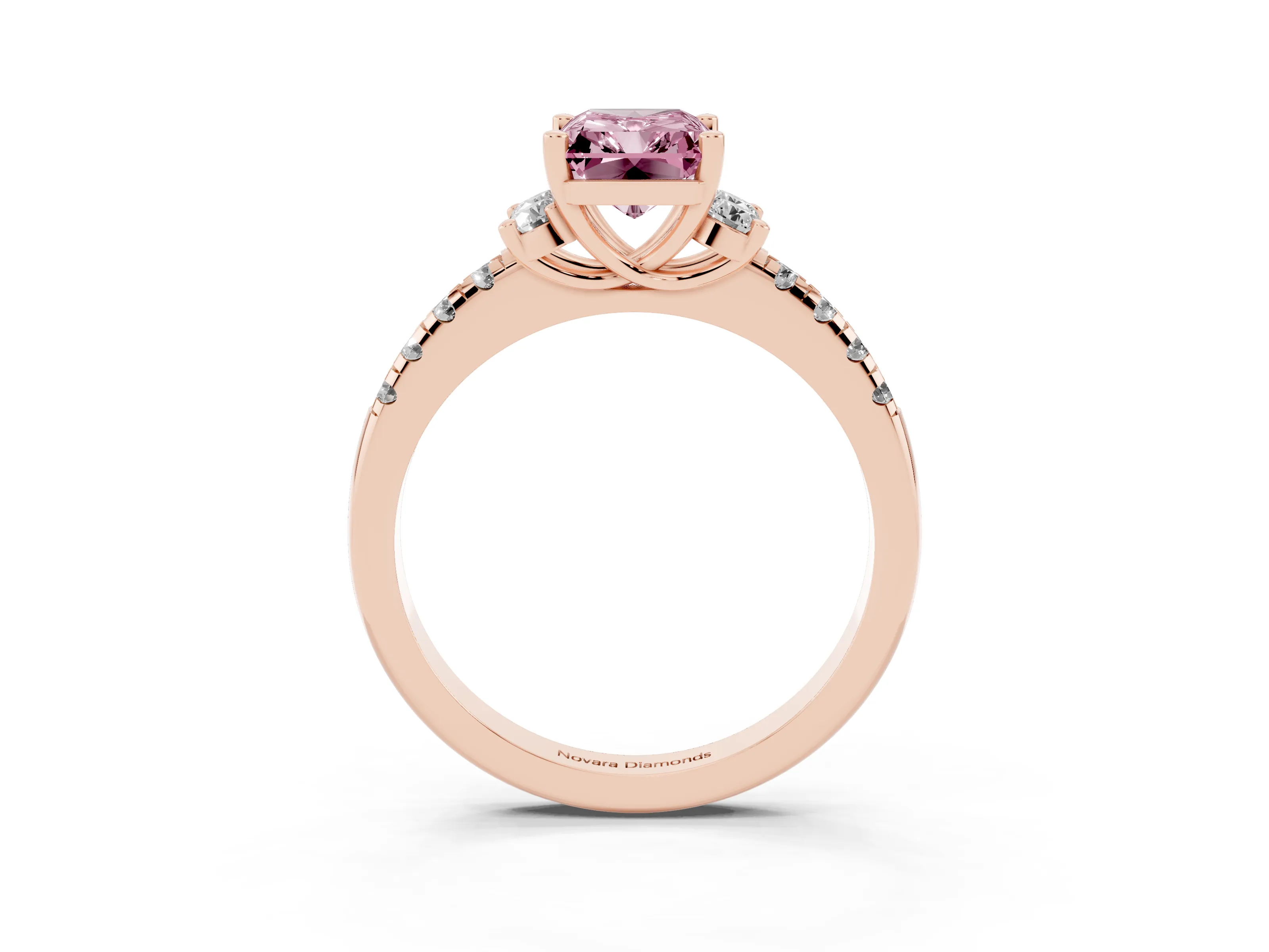 Fancy Pink Radiant Cut Diamond Three-Stone Pavé Ring Set in Rose gold with Prong Setting