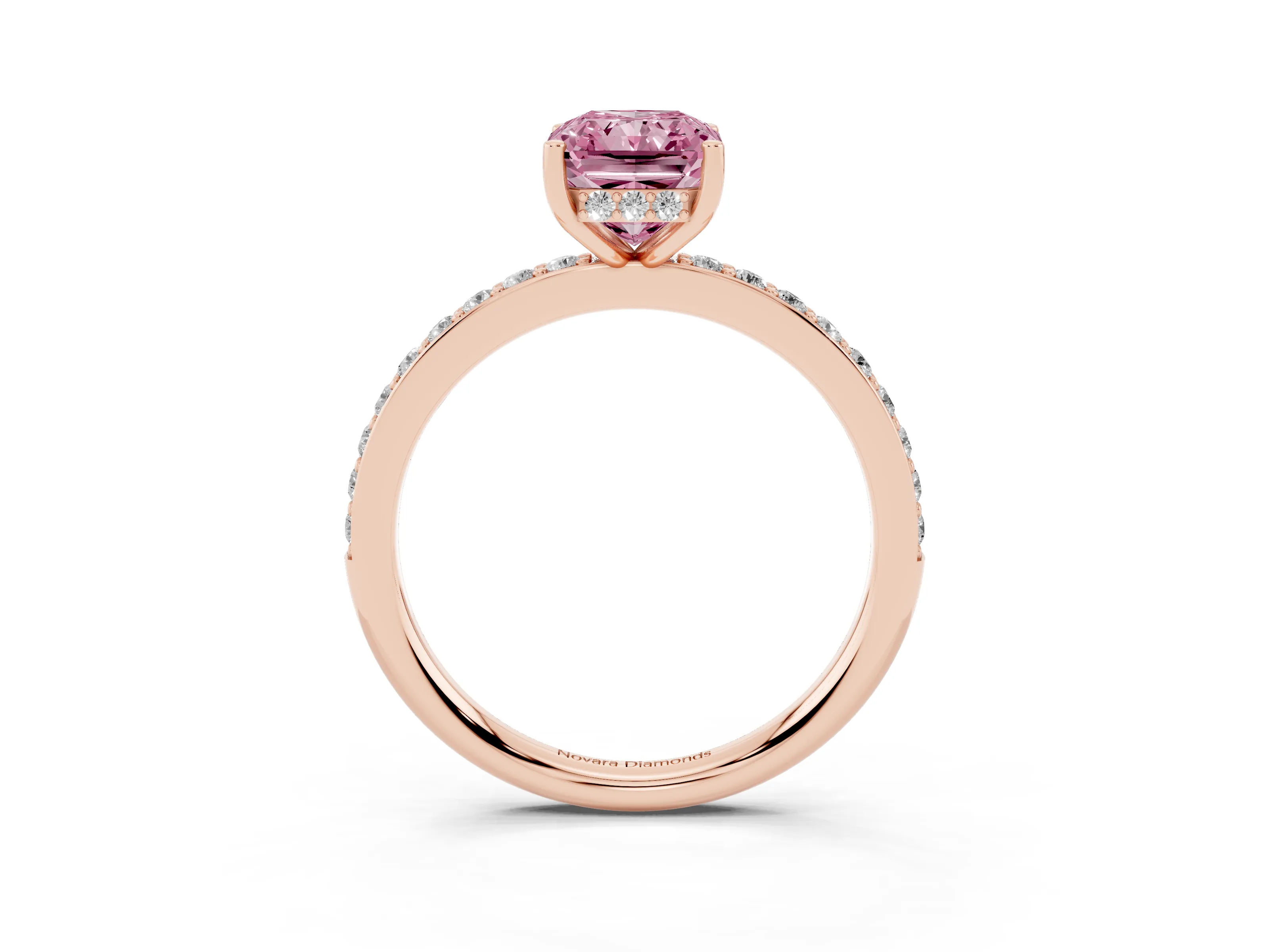 Fancy Pink Radiant Cut Diamond Pavé Band Ring Set in Rose gold with Prong-Set Center Stone