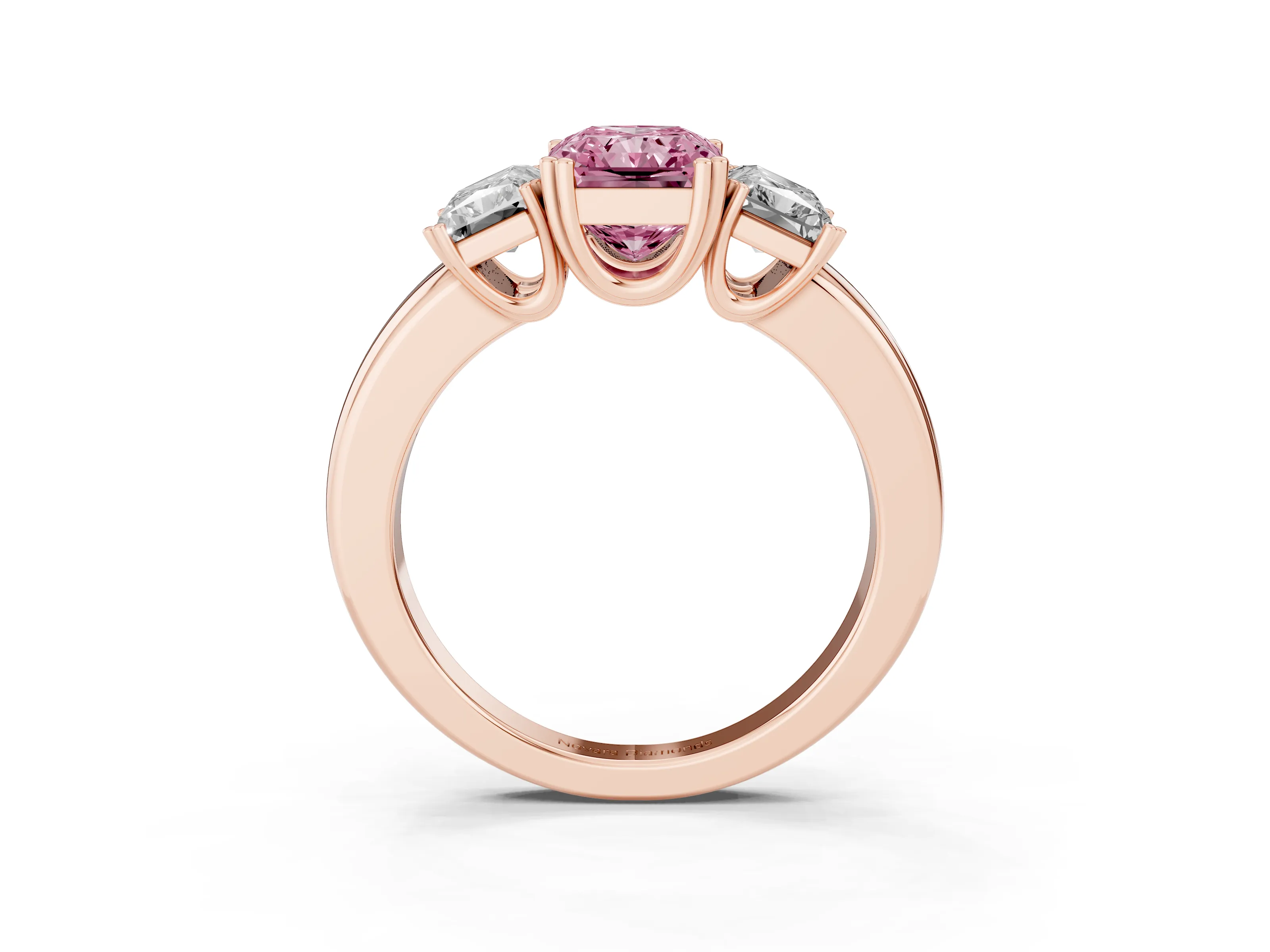Fancy Pink Radiant Cut Diamond Three-Stone Ring Set in Rose gold with Polished Channel-Set Band