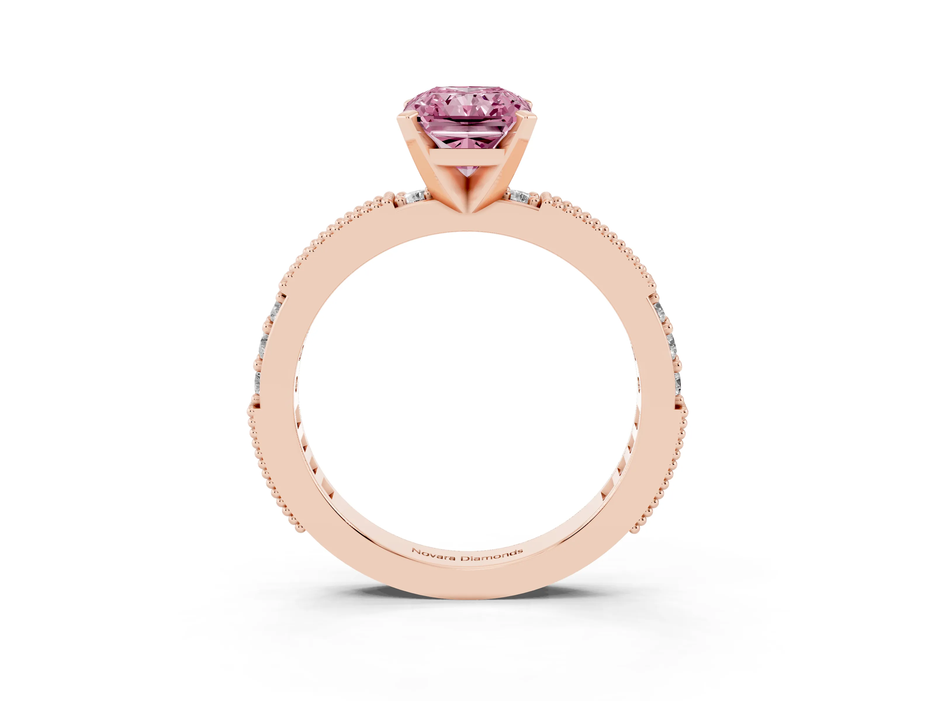 Fancy Pink Radiant Cut Diamond Solitaire Ring Set in Rose gold with Slim Pavé Band and Prong Setting