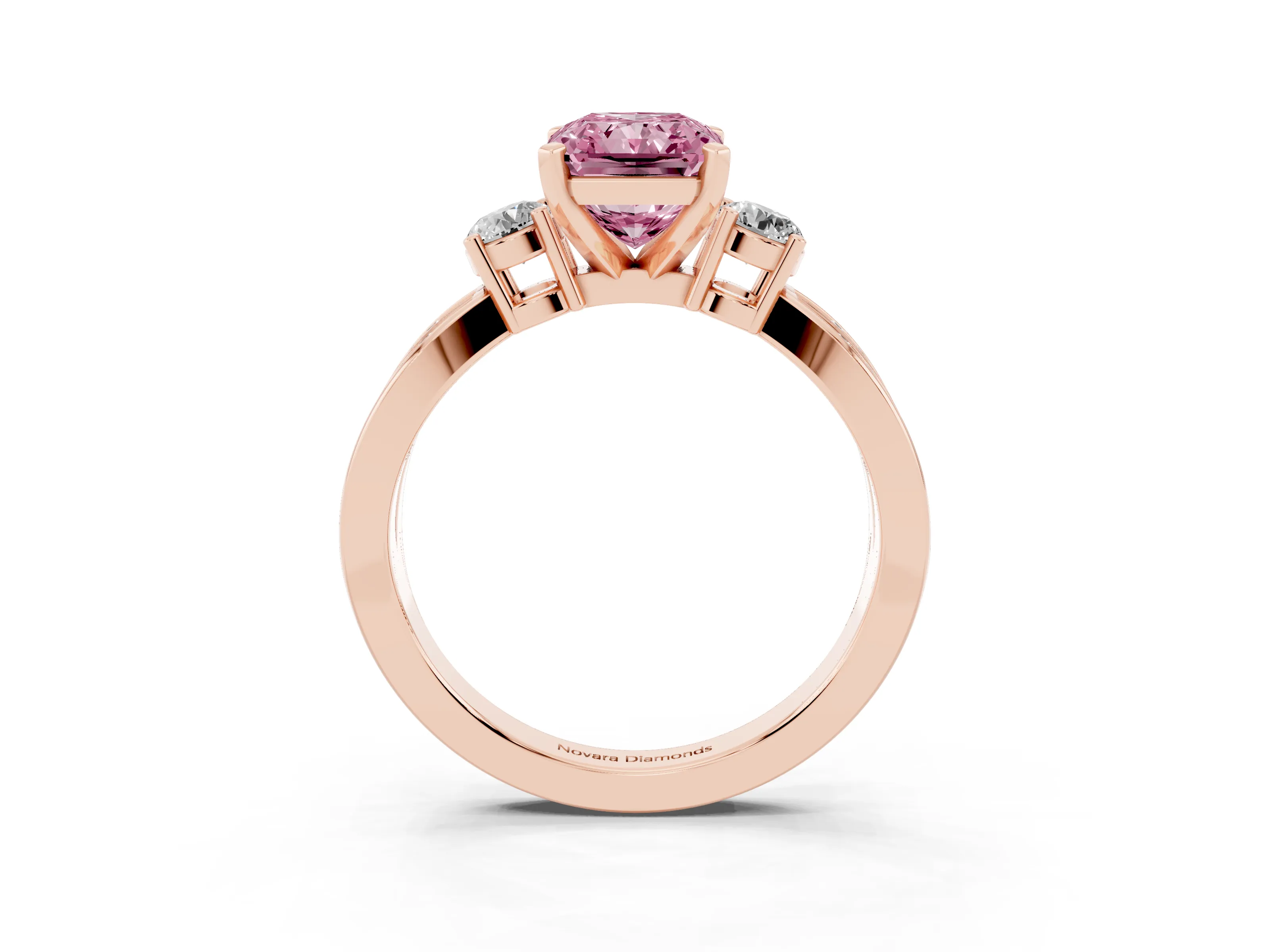 Fancy Pink Three-Stone Radiant Cut Diamond Twist Band Ring Set in Rose gold with Pavé Accents and Prong Setting