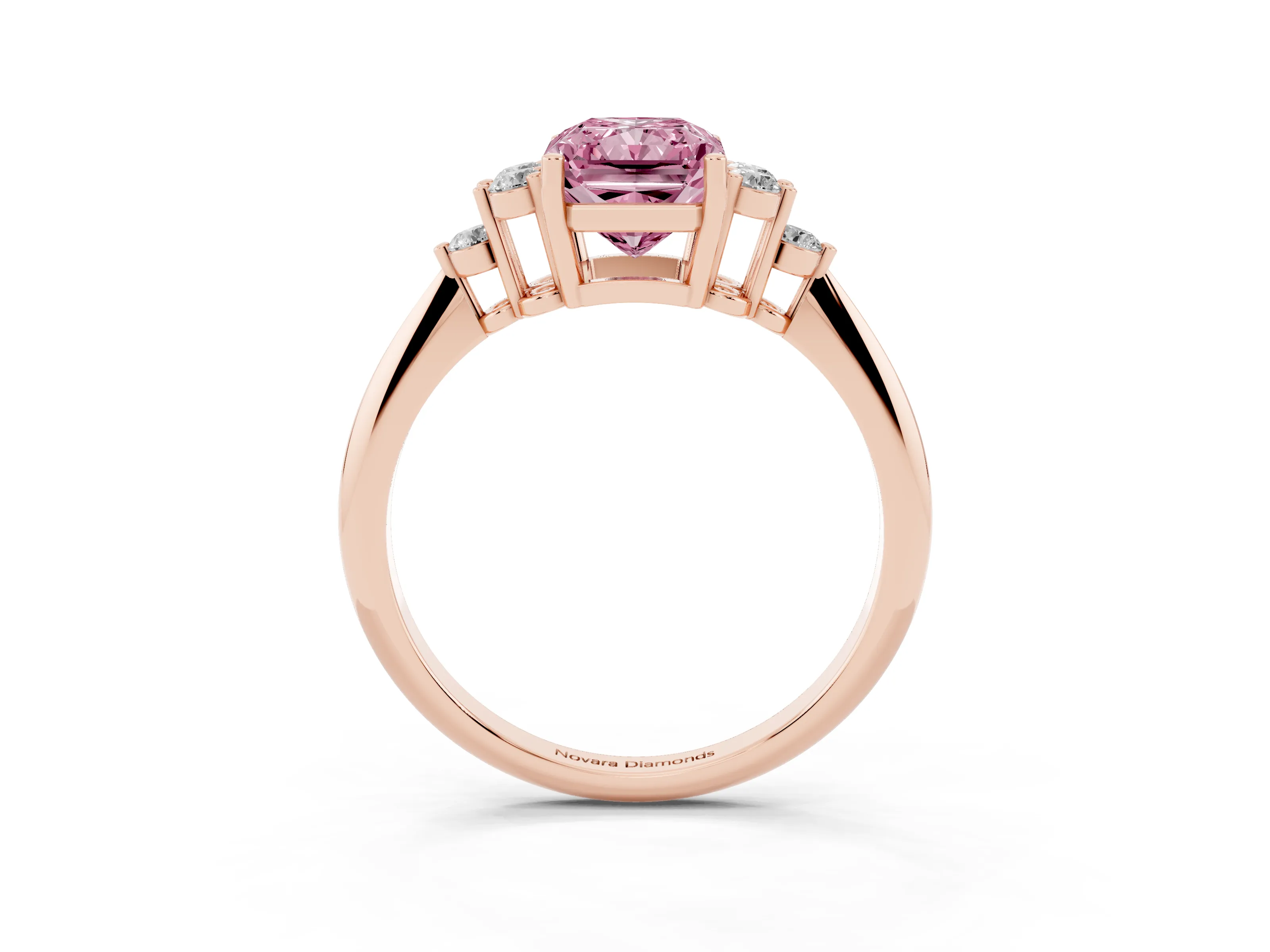Fancy Pink Radiant Cut Diamond Cluster Ring Set in Rose gold with Plain Band and Prong Setting