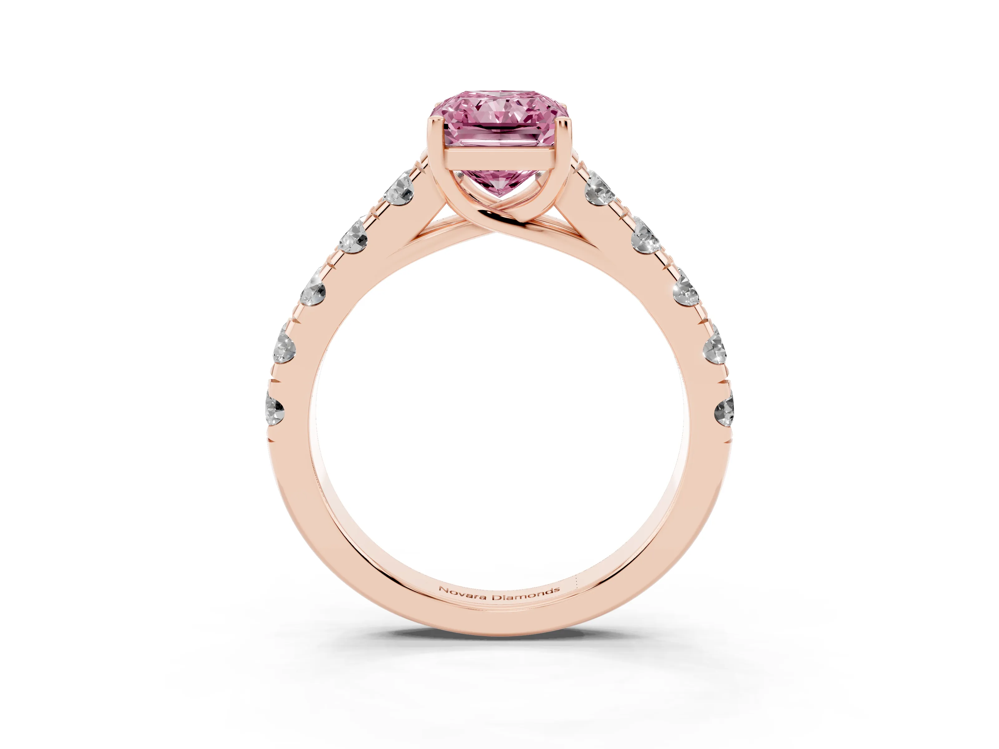 Fancy Pink Radiant Cut Diamond Solitaire Ring Set in Rose gold with Cut-Down Micro Pavé Band and Prong Setting