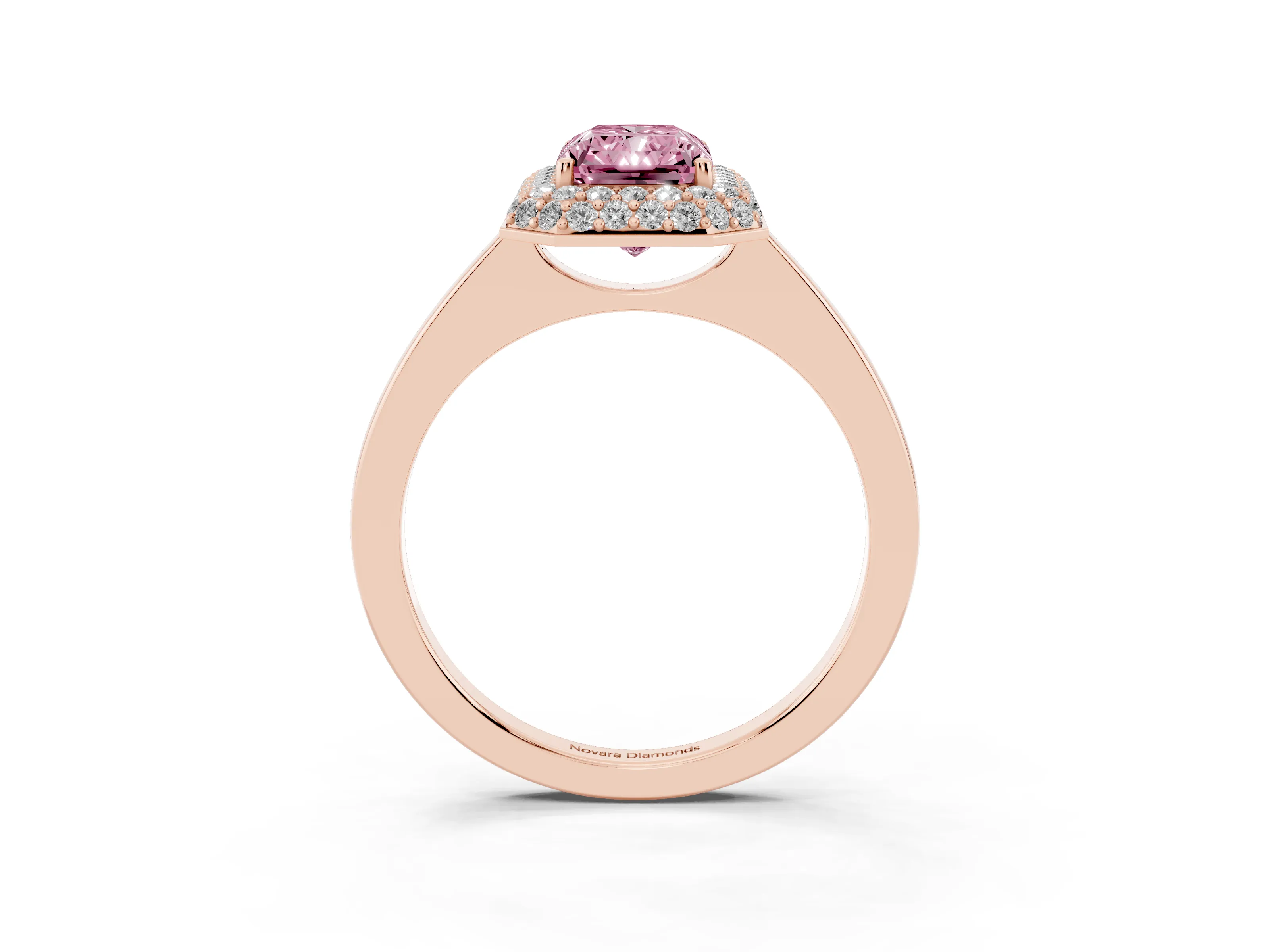 Fancy Pink Radiant Cut Diamond Halo Engagement Ring Set in Rose gold with Solitaire Band and Prong Setting