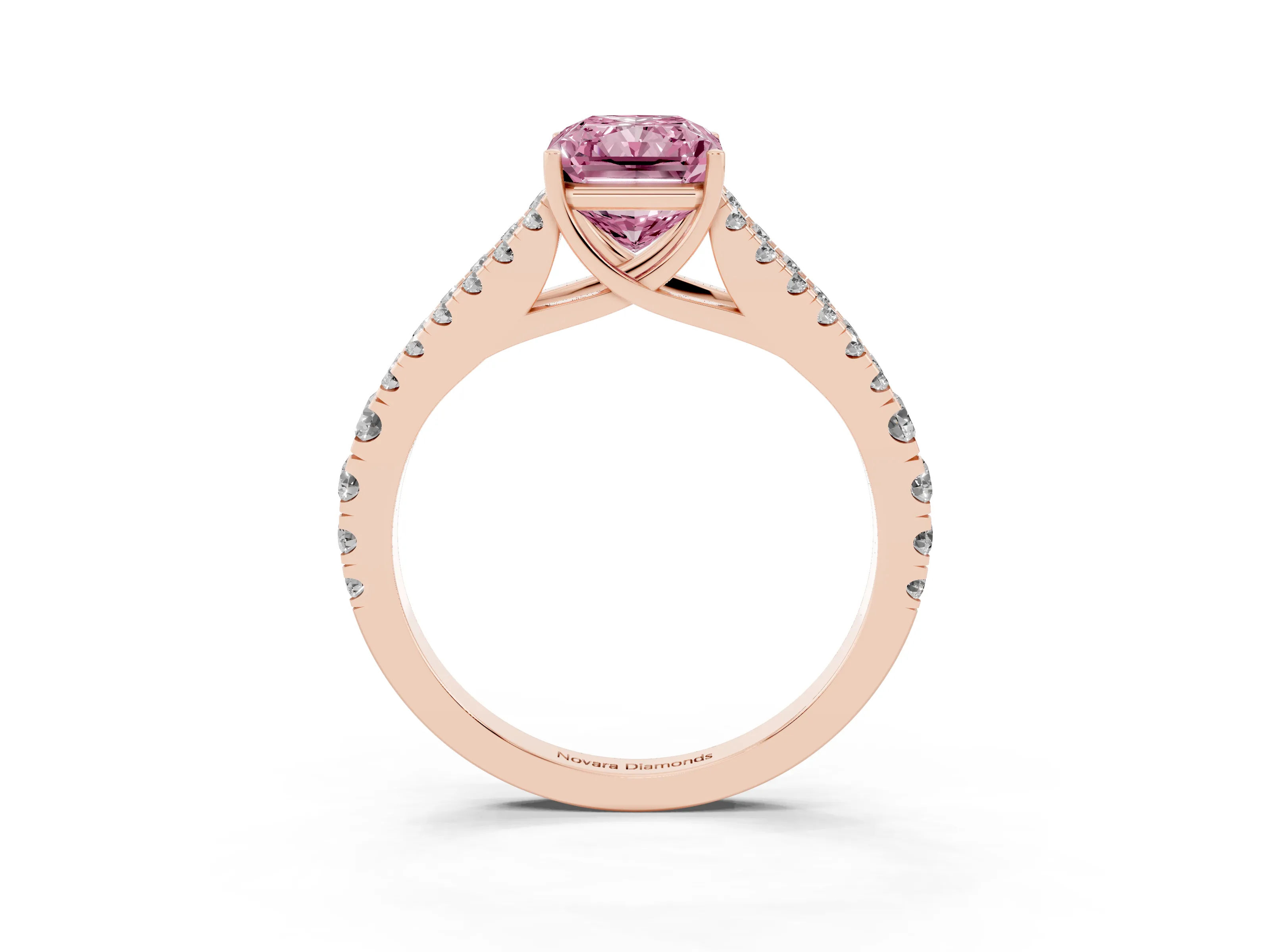 Fancy Pink Radiant Cut Diamond Split Shank Pavé Engagement Ring Set in Rose gold with Prong-Held Center Stone