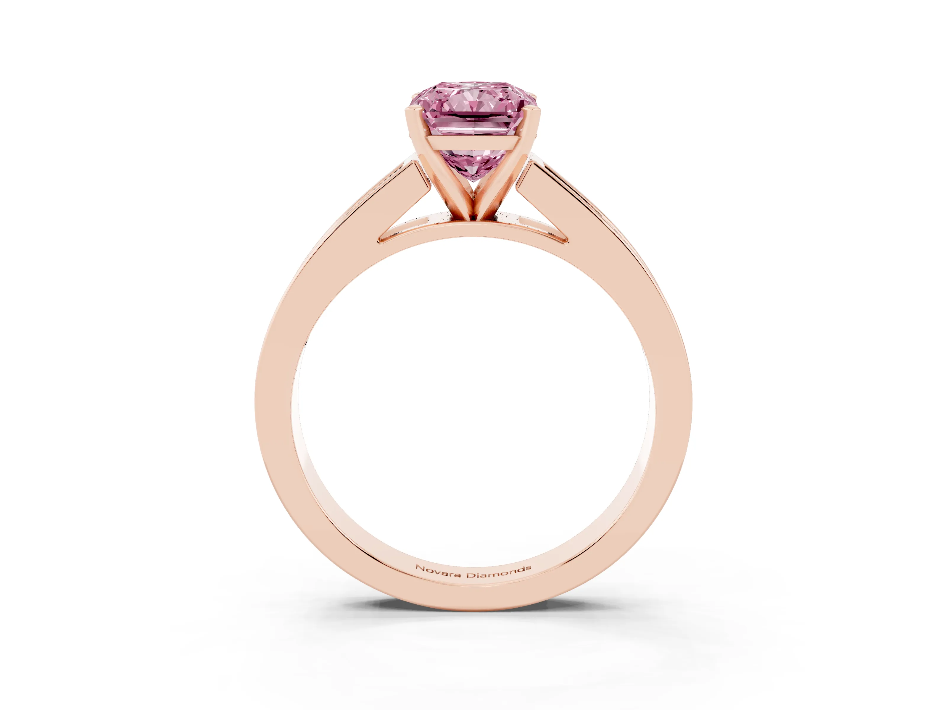 Fancy Pink Radiant Cut Diamond Solitaire Ring Set in Rose gold with Channel-Set Band and Prong Setting