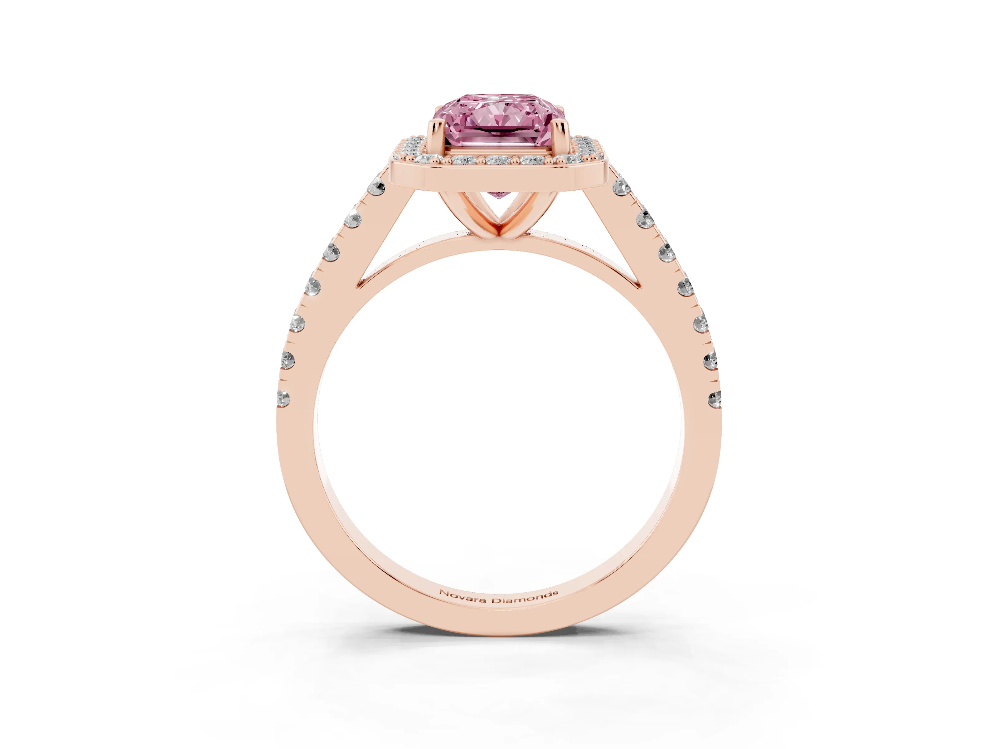 Fancy Pink Radiant Cut Diamond Halo Ring Set in Rose gold with Round Pavé Split Shank and Prong Setting