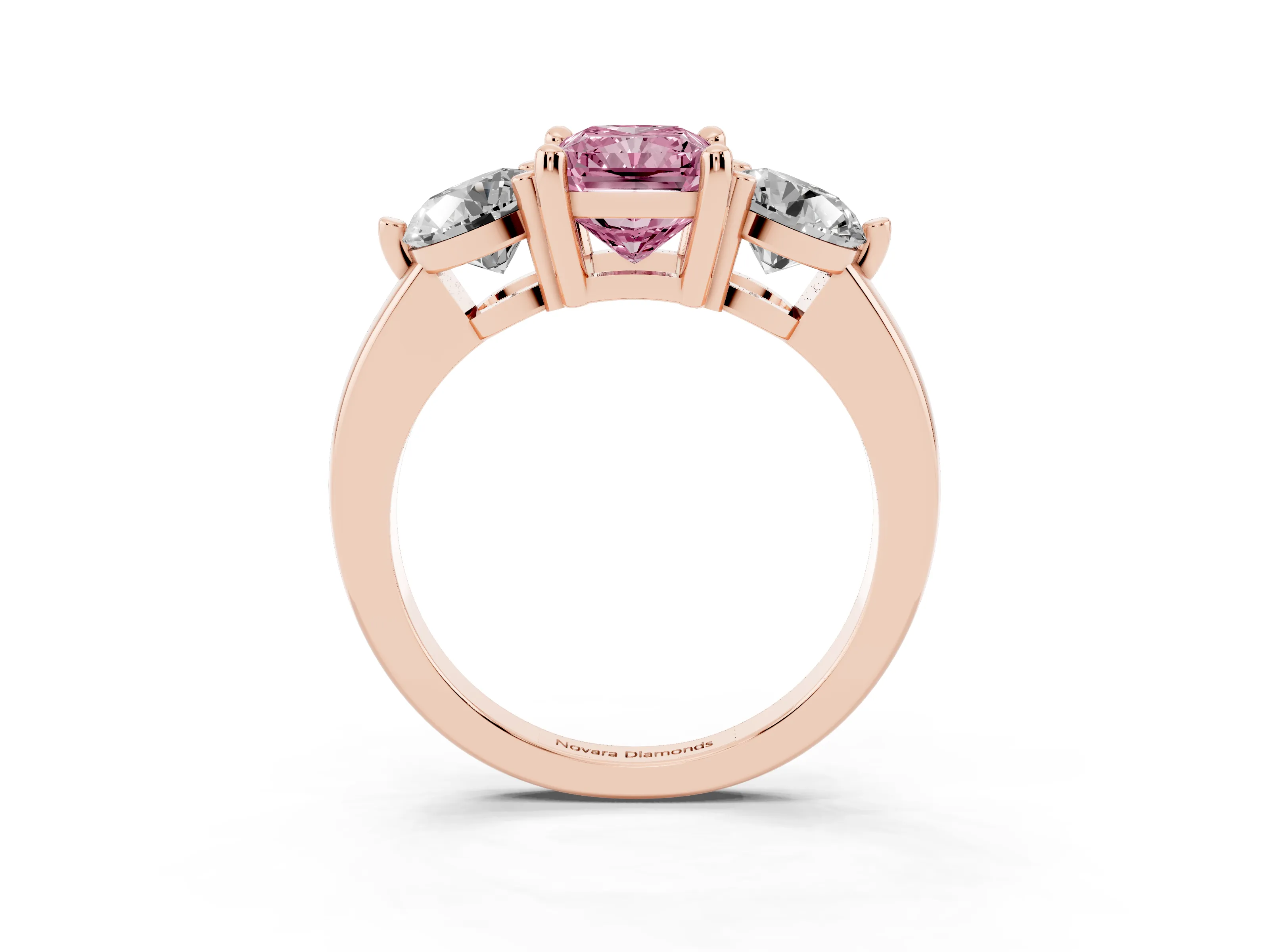 Fancy Pink Radiant Cut Diamond Three-Stone Ring Set in Rose gold with Prong Setting and Classic Band