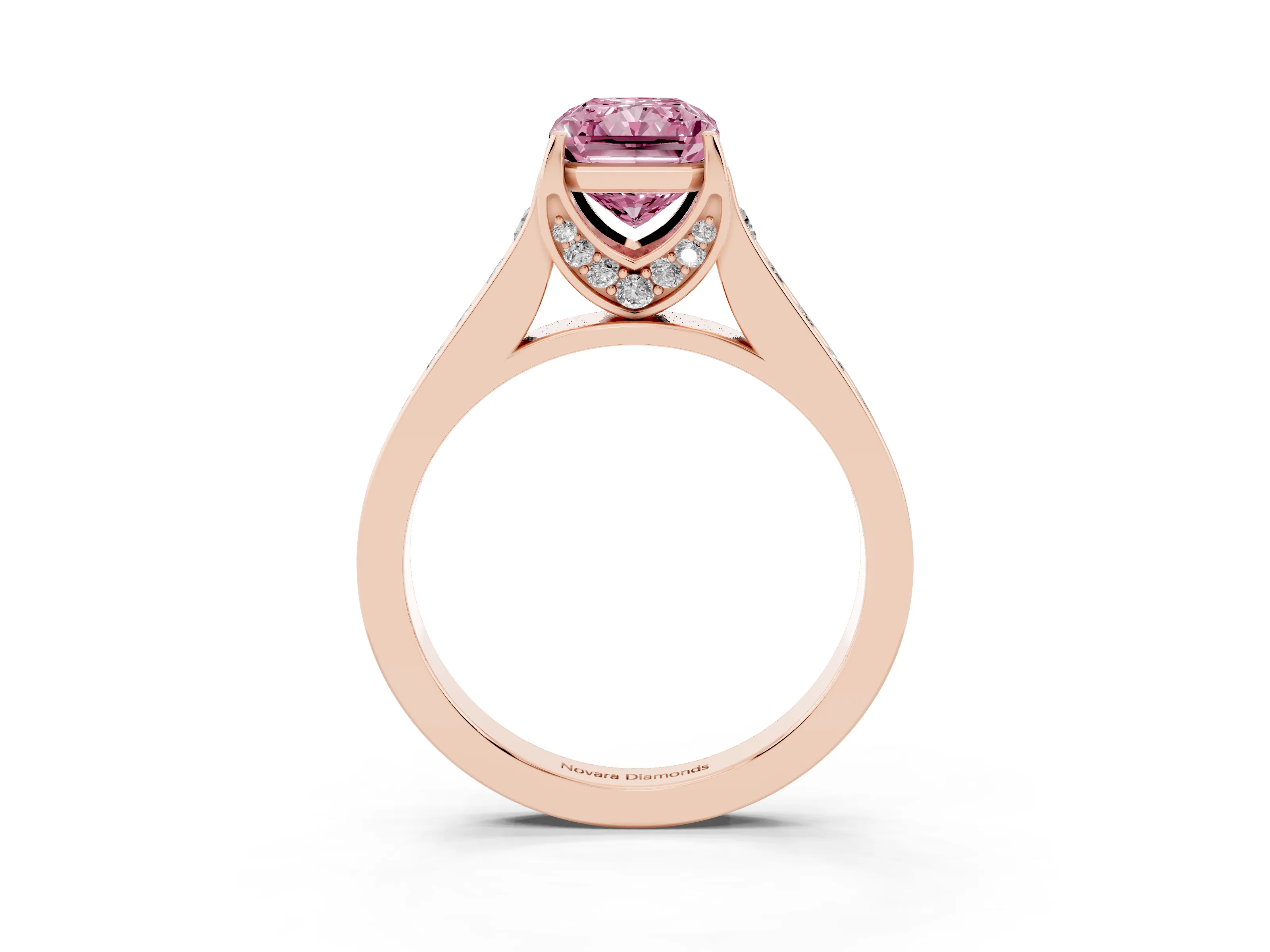 Fancy Pink Radiant Cut Diamond Solitaire Pavé Engagement Ring Set in Rose gold with Prong Setting