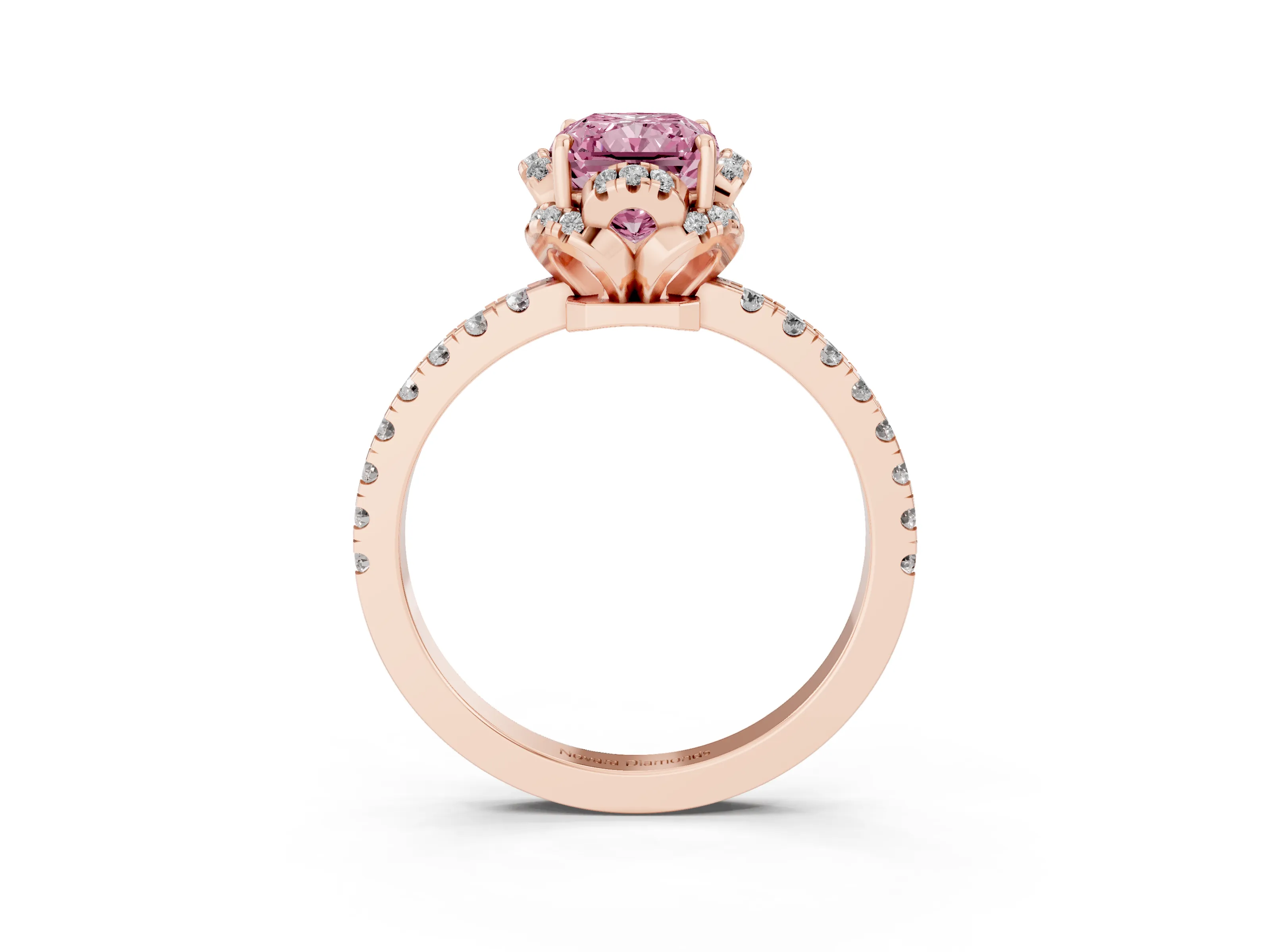 Fancy Pink Radiant Cut Diamond Halo Pavé Band Ring Set in Rose gold with Prong-Held Center