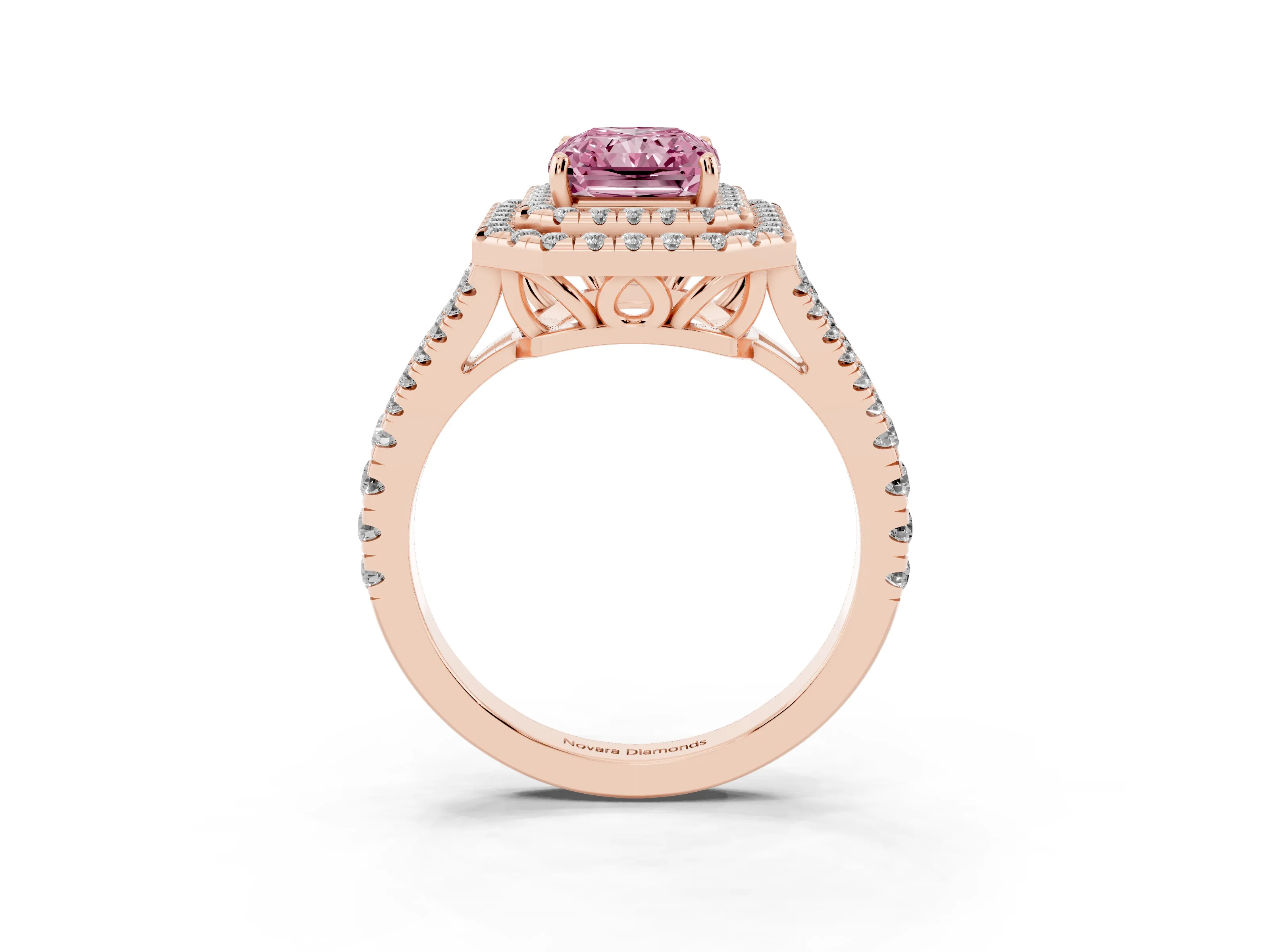 Fancy Pink Radiant Cut Diamond Double Halo Ring Set in Rose gold with Pavé Band