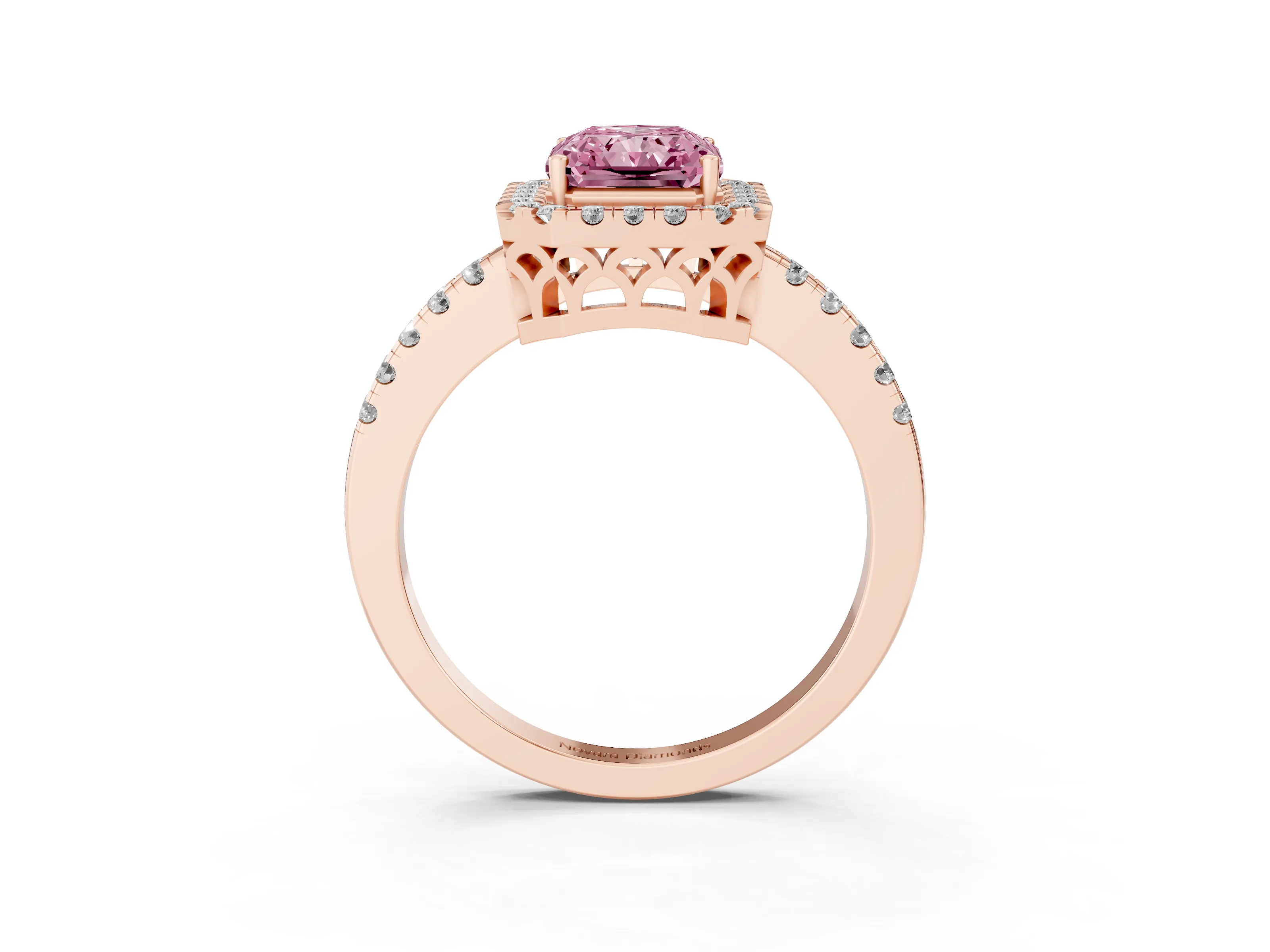 Fancy Pink Radiant Cut Diamond Pavé Band Halo Engagement Ring Set in Rose gold with Prong Setting