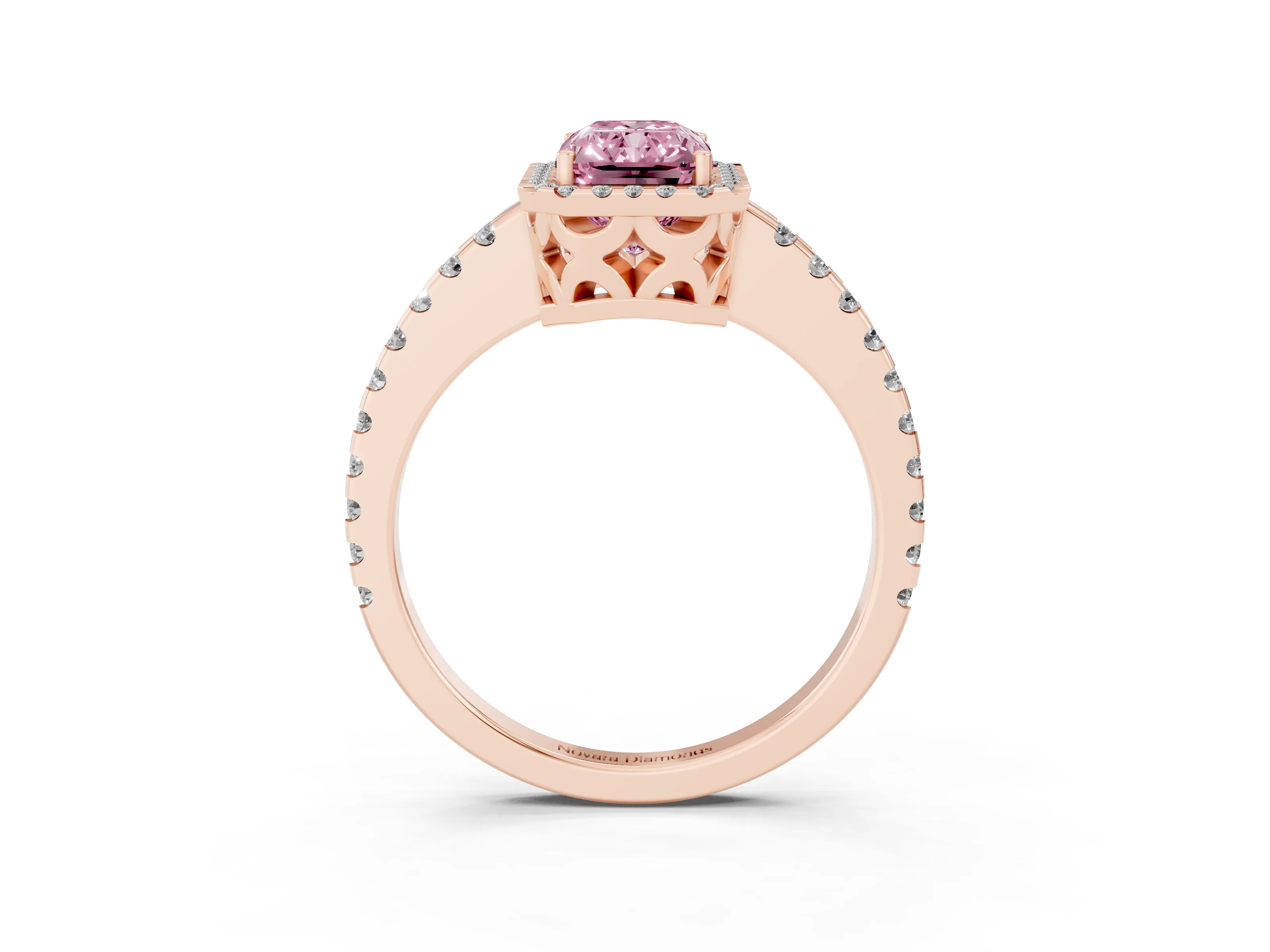 Fancy Pink Radiant Cut Diamond Halo Ring Set in Rose gold with Pavé Shoulders and Halo-Framed Center