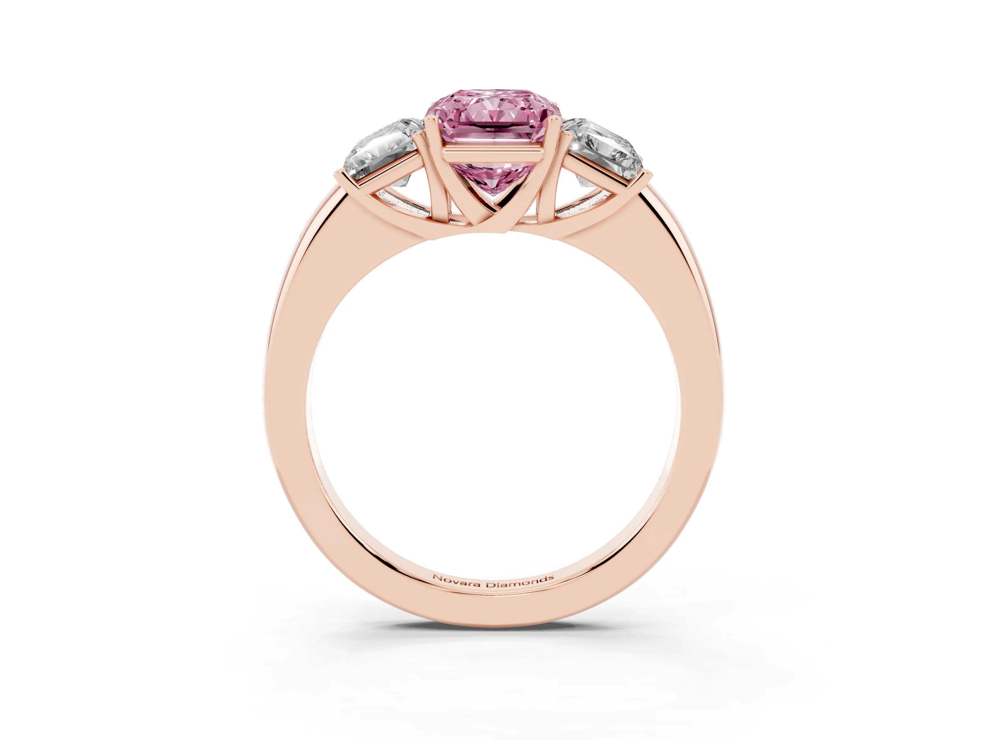 Fancy Pink Radiant Cut Diamond Three-Stone Ring Set in Rose gold with Bold Center and Classic Band