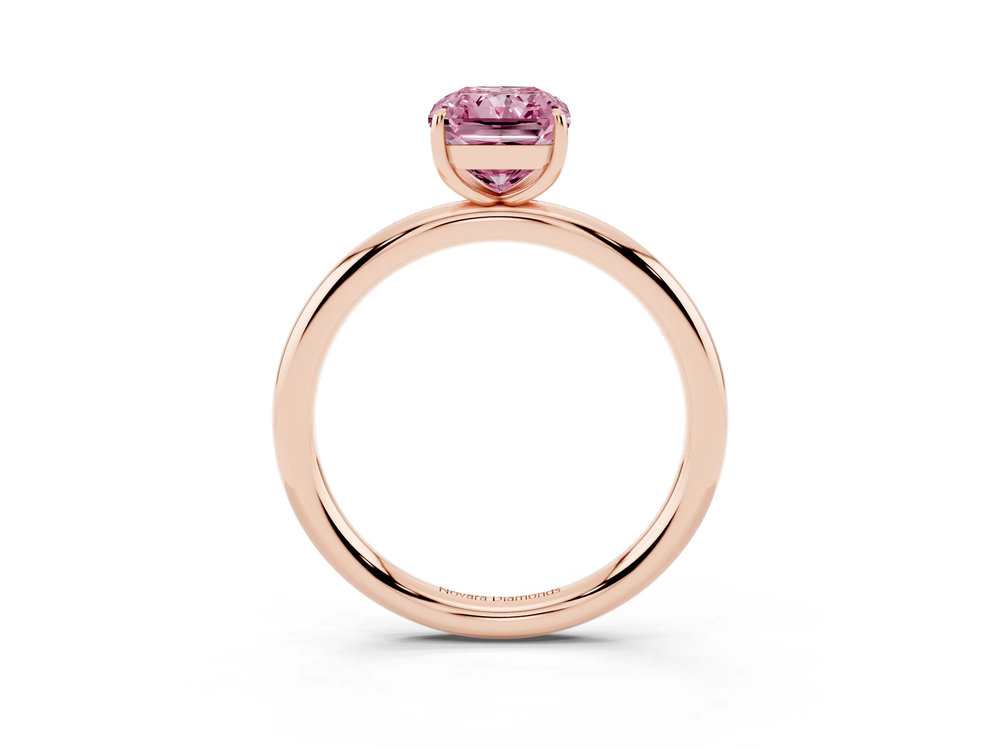 Fancy Pink Radiant Cut Diamond Solitaire Ring Set in Rose gold with Prong Setting on a Polished Plain Band