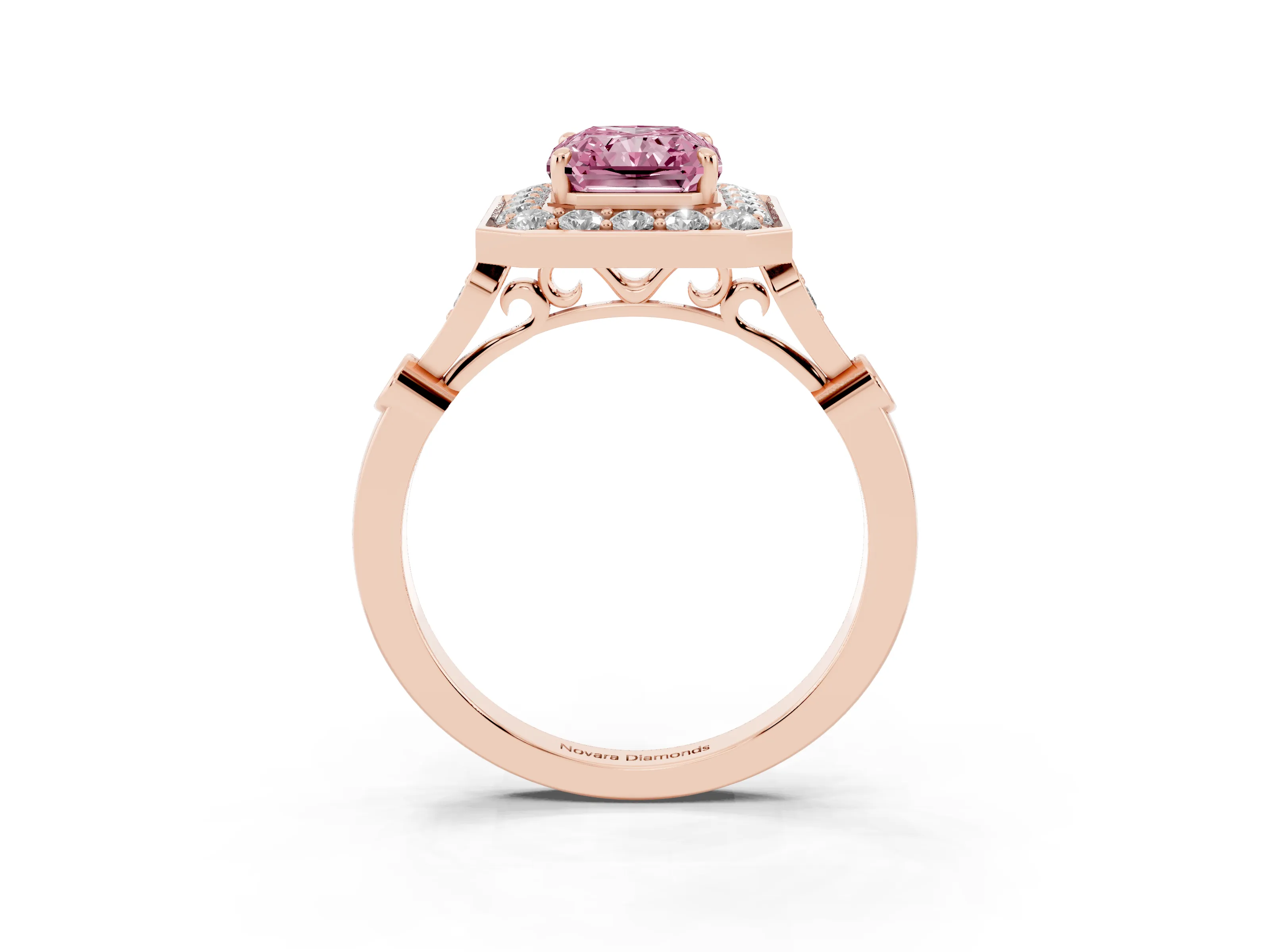 Fancy Pink Radiant Cut Diamond Halo Engagement Ring Set in Rose gold with Twisted Band and Prong Setting