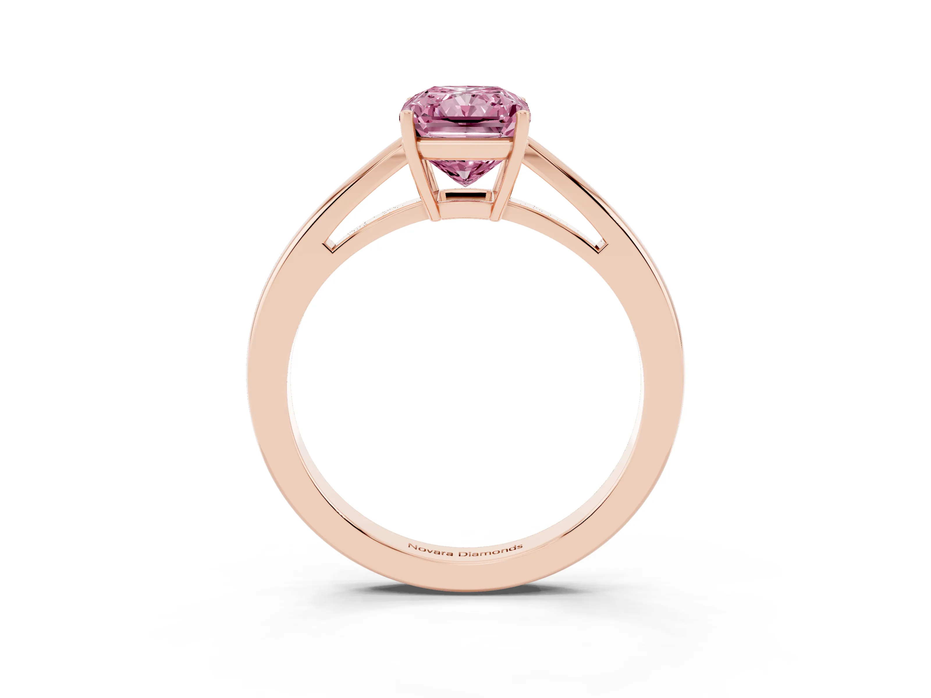Fancy Pink Radiant Cut Diamond Solitaire Ring Set in Rose gold with Split Shank and Prong Setting