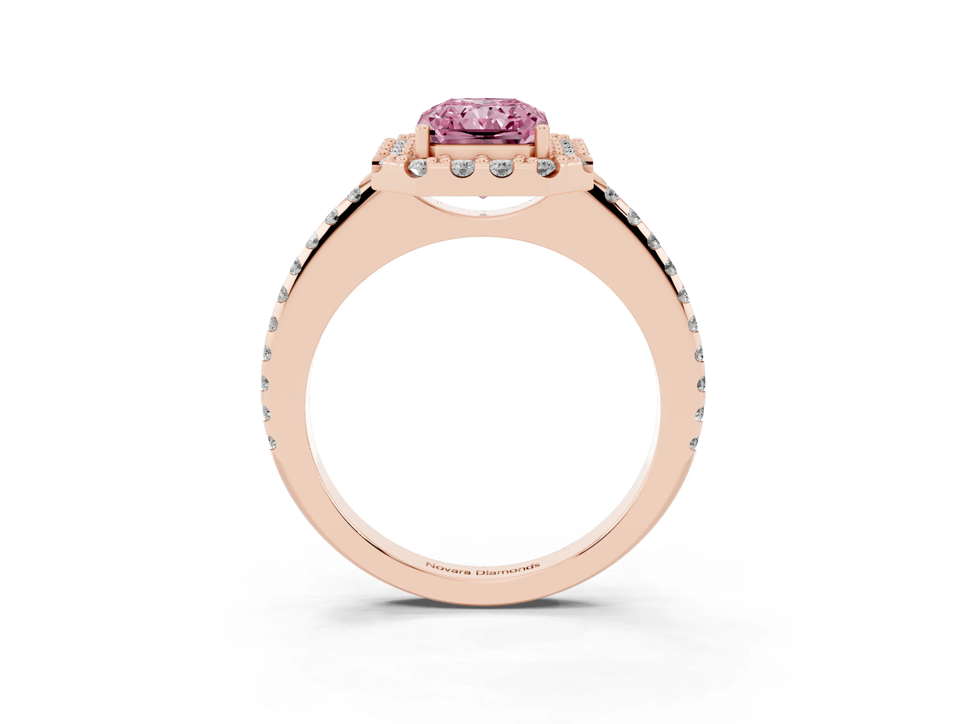 Fancy Pink Radiant Cut Diamond Pavé Halo Ring Set in Rose gold with Prong Setting
