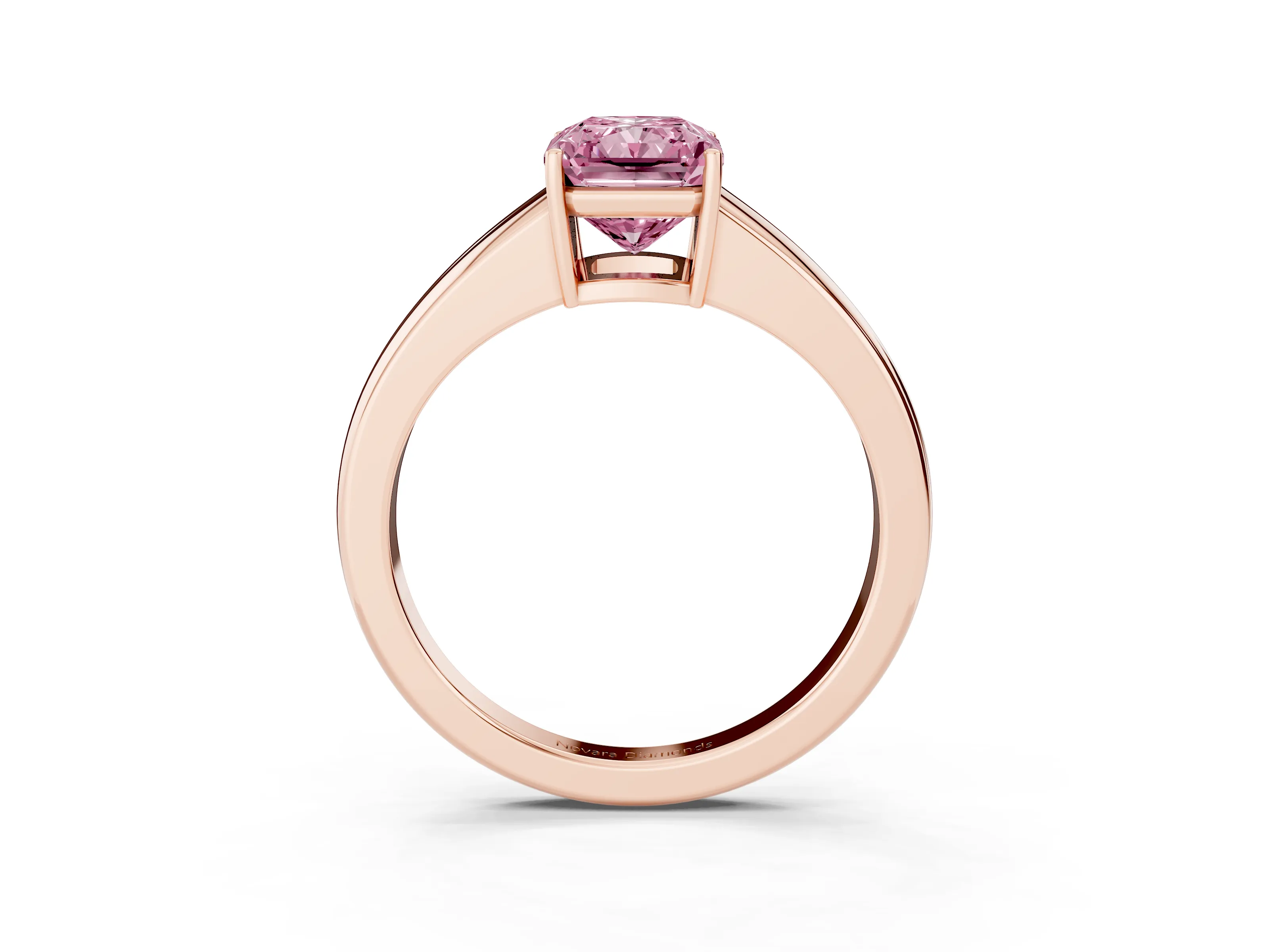 Fancy Pink Radiant Cut Diamond Solitaire Ring Set in Rose gold with Tapered Band and Prong Setting