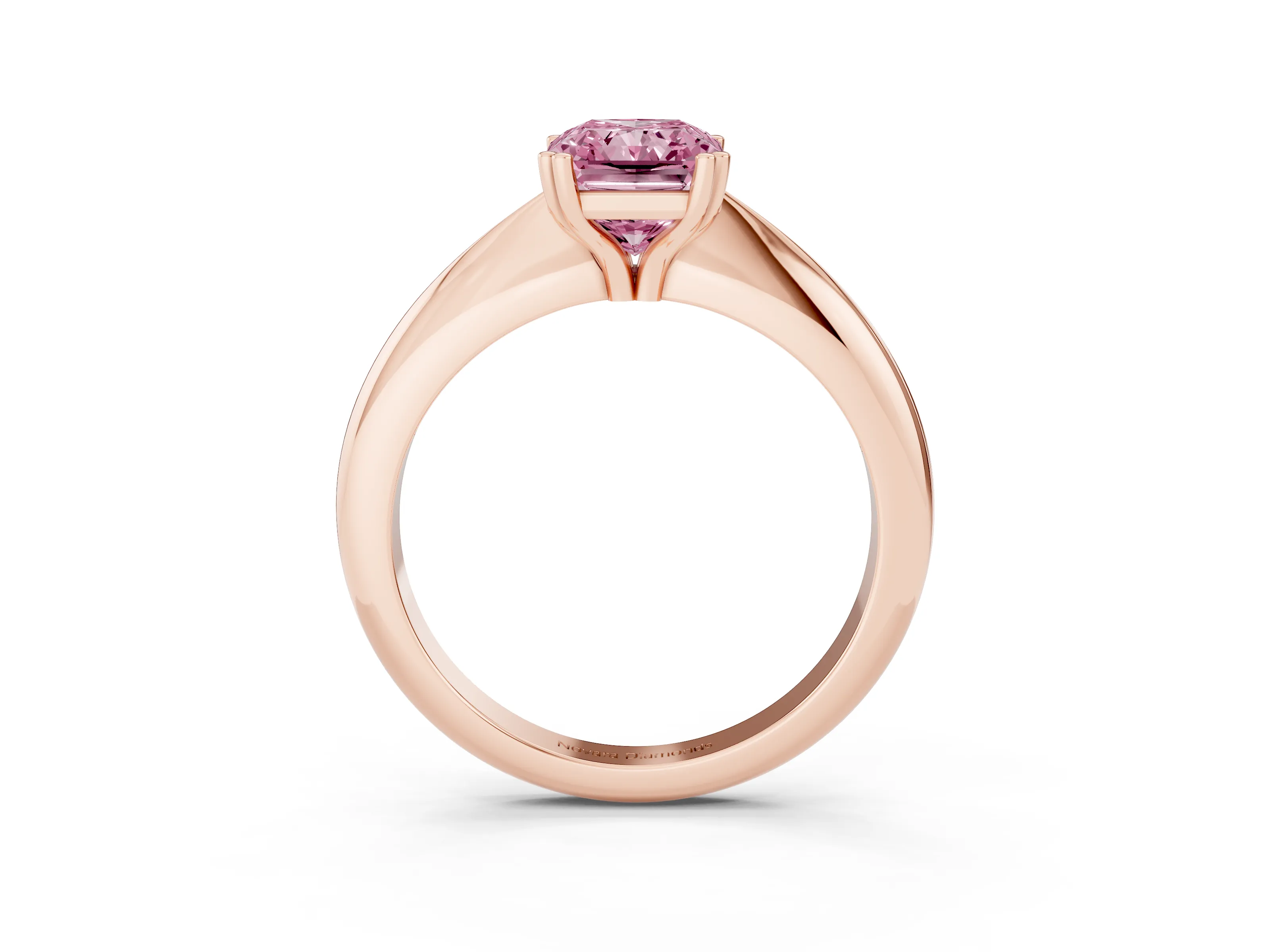 Fancy Pink Radiant Cut Diamond Solitaire Engagement Ring Set in Rose gold with Tapered Band and Prong Setting