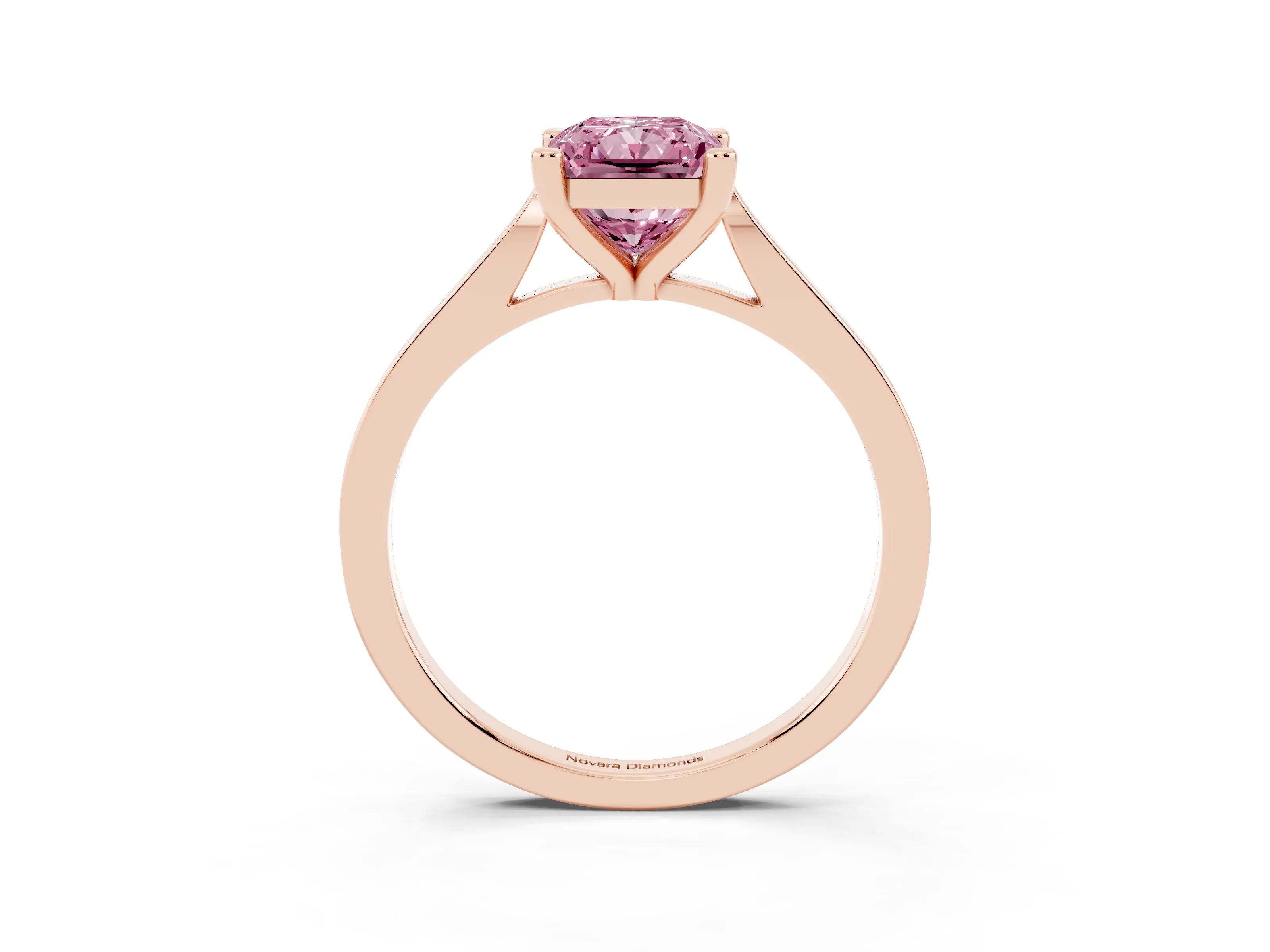 Fancy Pink Radiant Cut Diamond Solitaire Ring Set in Rose gold with Prong Setting and Tapered Band