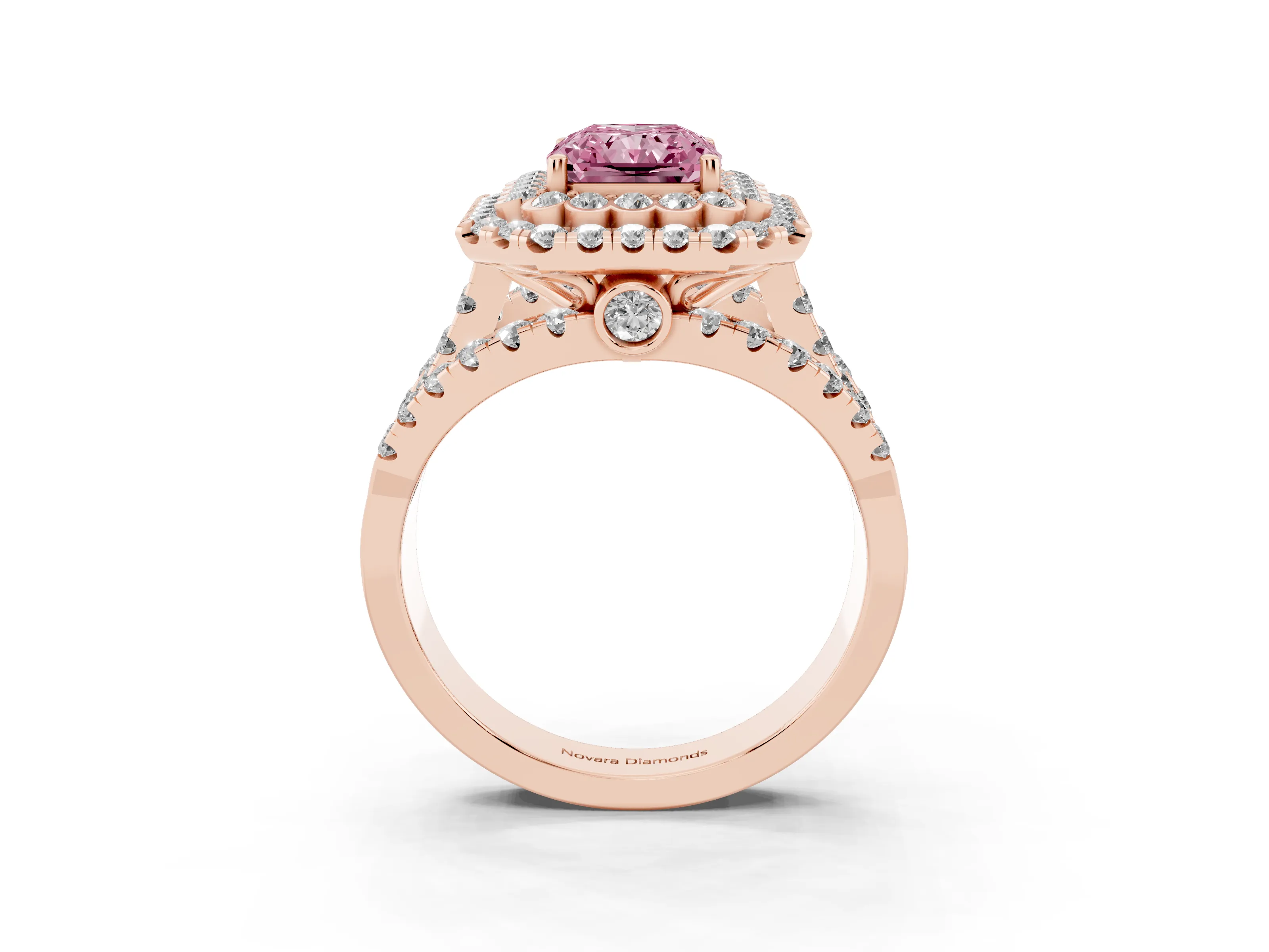 Fancy Pink Radiant Cut Diamond Double Halo Ring Set in Rose gold with Round Pavé Split Shank