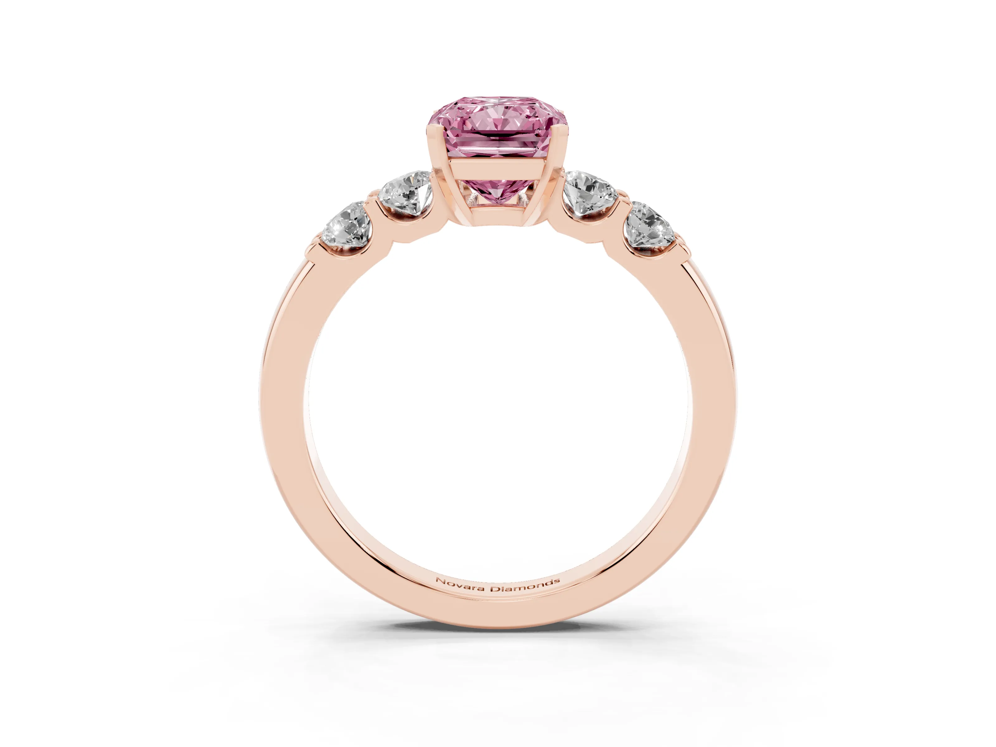Fancy Pink Radiant Cut Diamond Five-Stone Prong Set Engagement Ring Set in Rose gold with Channel Band