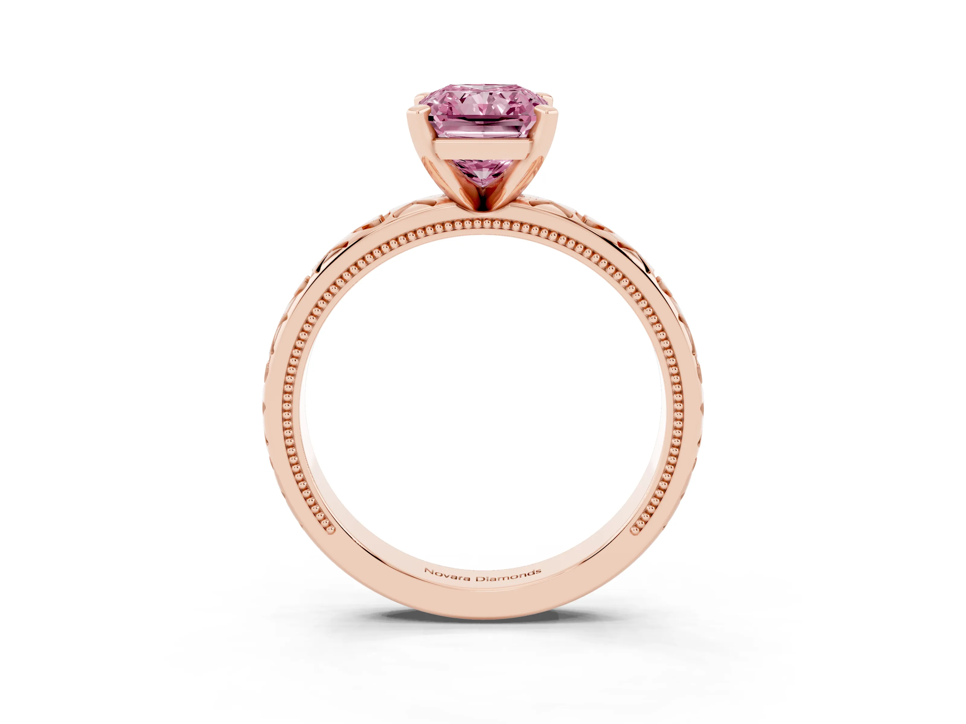 Fancy Pink Radiant Cut Diamond Solitaire Engagement Ring Set in Rose gold with XO Engraved Band and Prong Setting