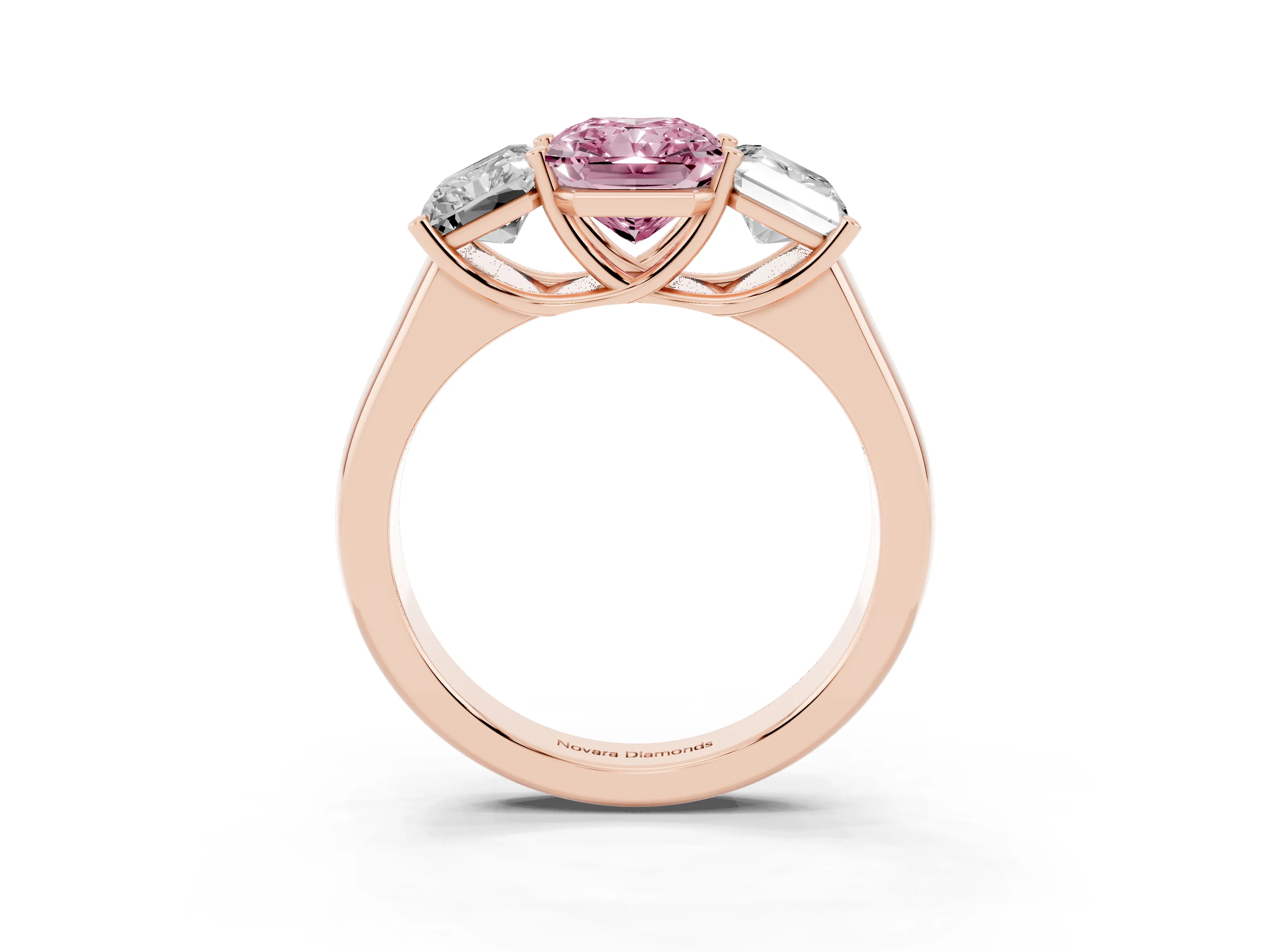 Fancy Pink Radiant Cut Diamond Three-Stone Ring Set in Rose gold with Plain Polished Band