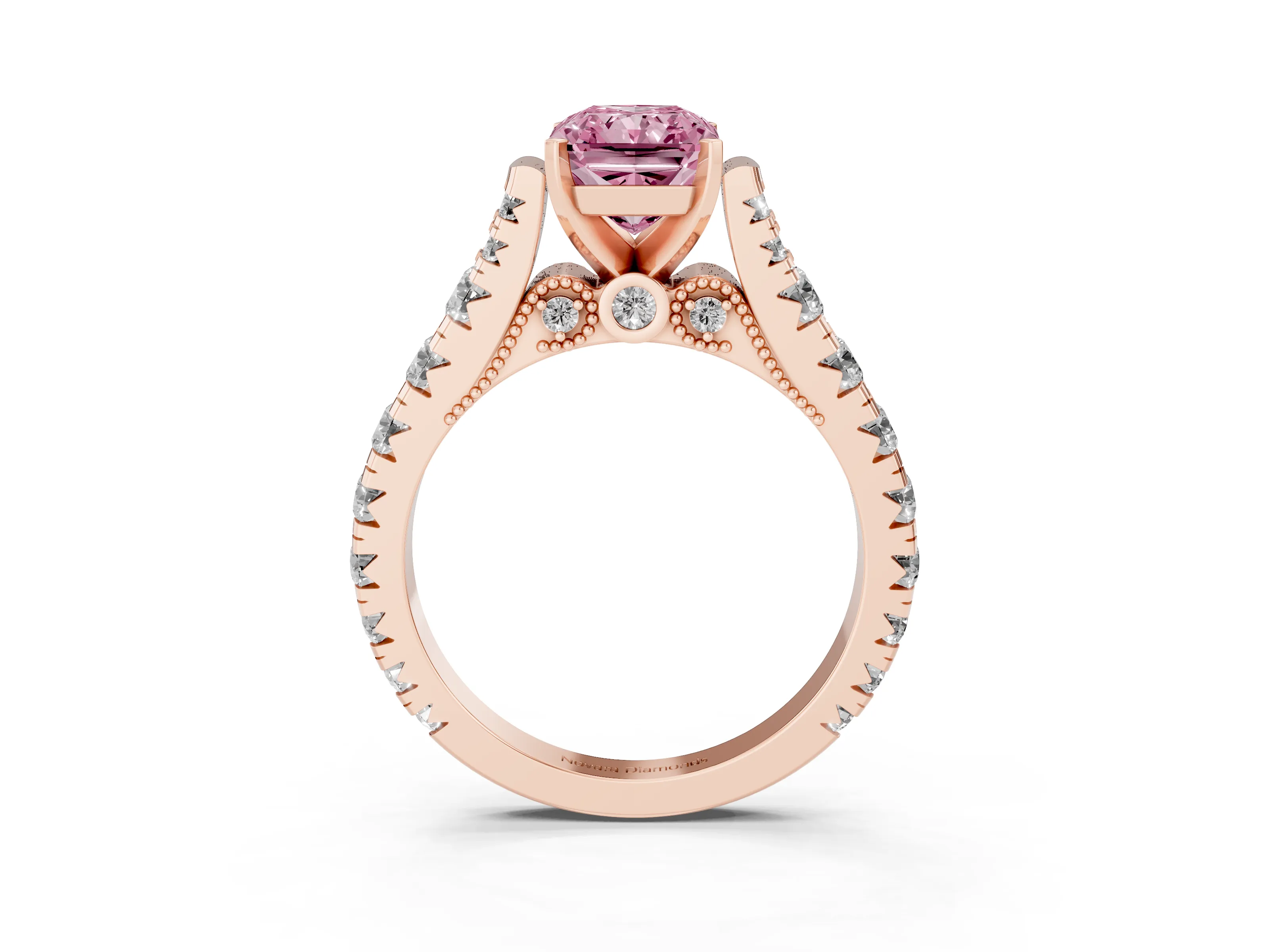 Fancy Pink Radiant Cut Diamond Classic Solitaire Ring Set in Rose gold with Pavé Band and Prong Setting
