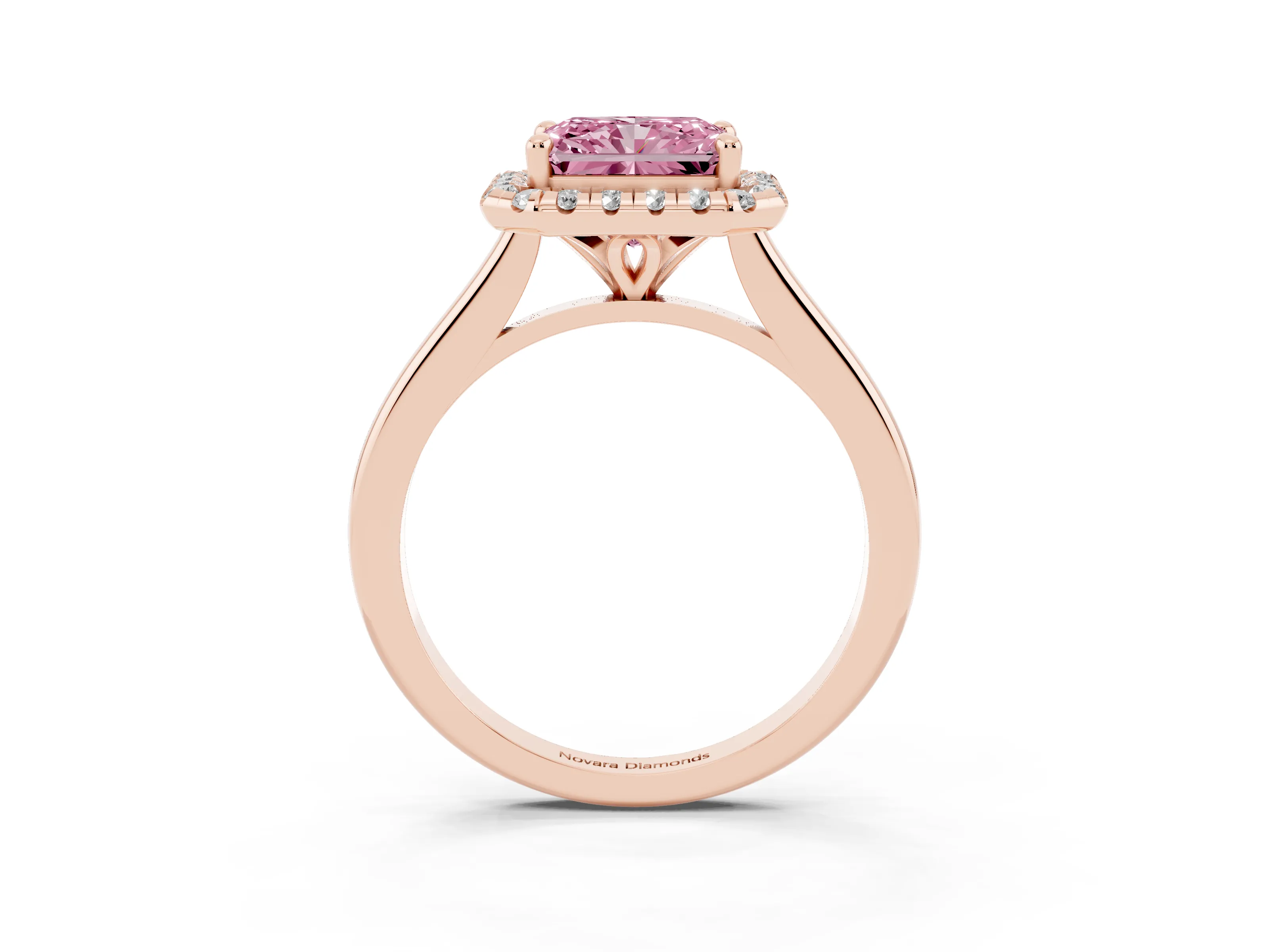 Fancy Pink Radiant Cut Diamond Halo Engagement Ring Set in Rose gold with Pavé Band and Rising Shoulders