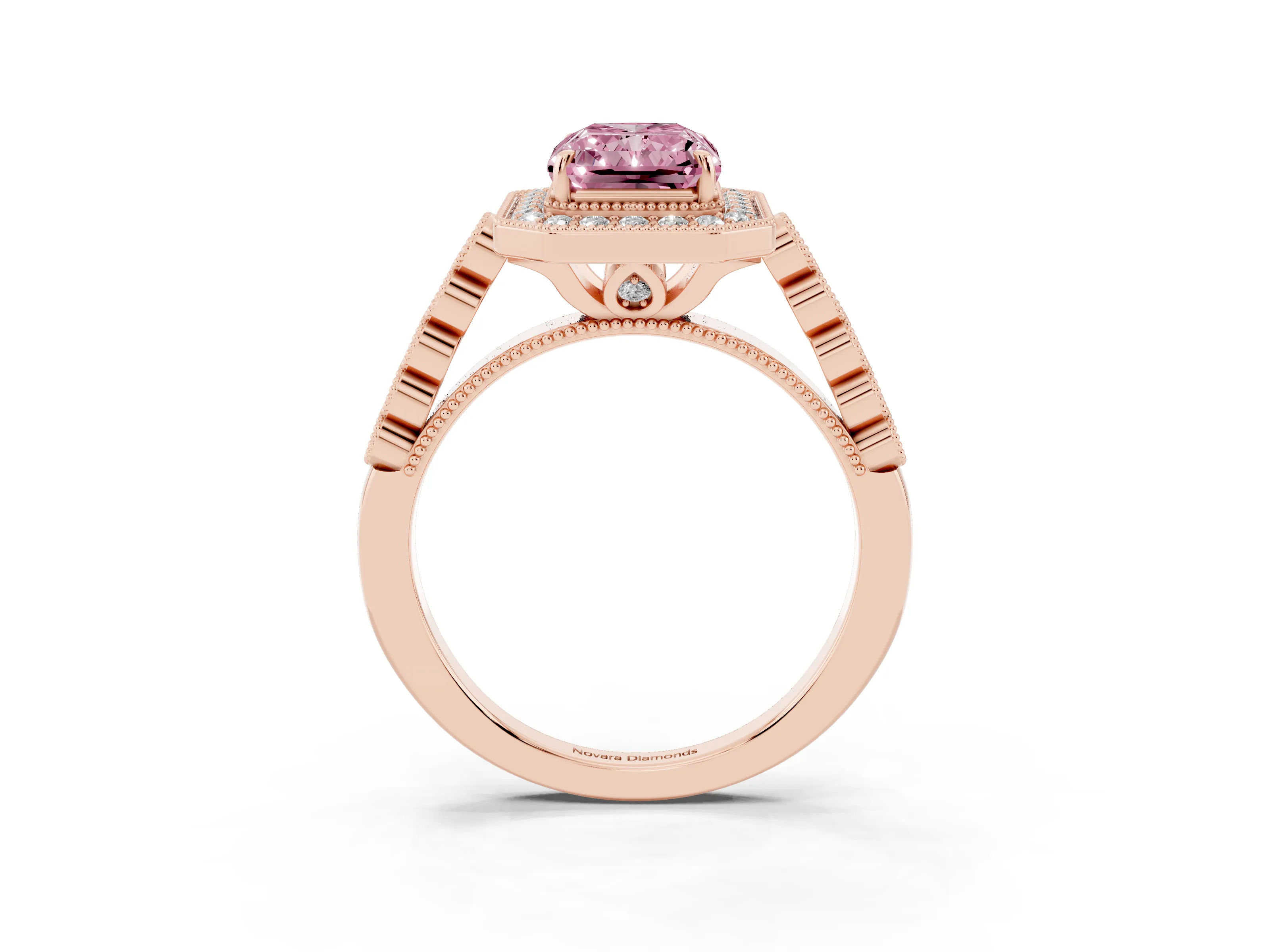 Fancy Pink Radiant Cut Diamond Milgrain Halo Solitaire Ring Set in Rose gold with Bezel Set Side Stones and Pavé Band