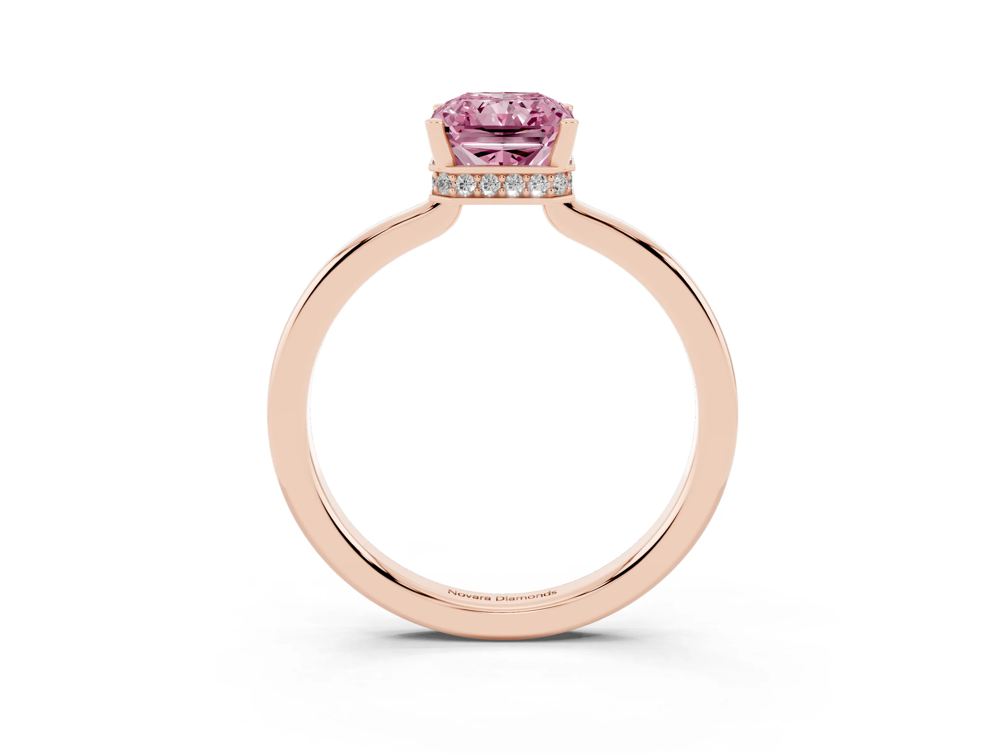Fancy Pink Radiant Cut Diamond Solitaire Engagement Ring Set in Rose gold with Prong Setting on a Plain Band