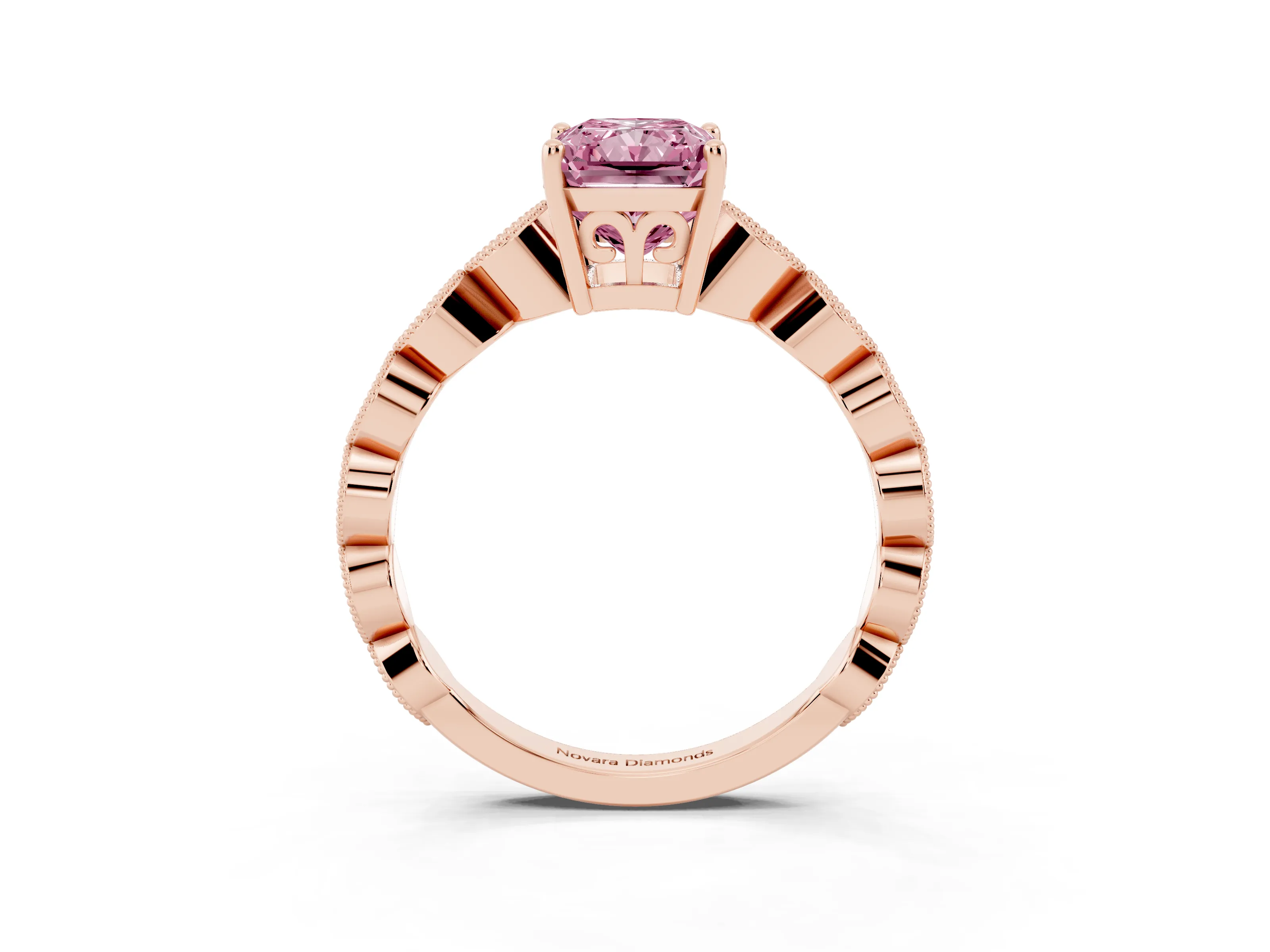 Fancy Pink Radiant Cut Diamond Solitaire Ring Set in Rose gold with Infinity Twist Pavé Band
