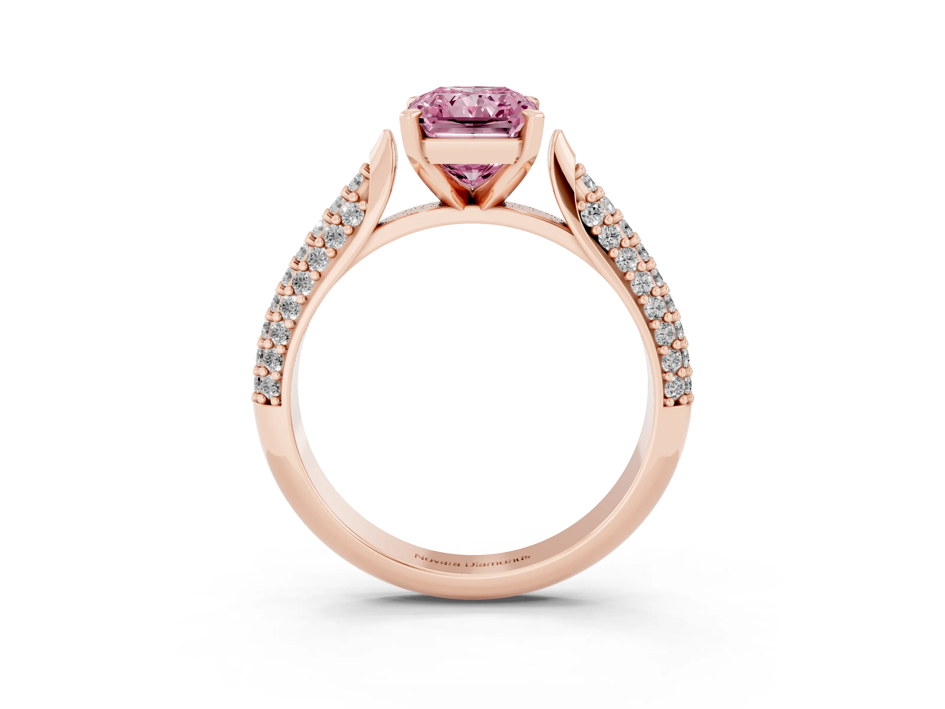 Fancy Pink Radiant Cut Diamond Solitaire Engagement Ring Set in Rose gold with Multi-Row Round Pavé Band and Prong Setting