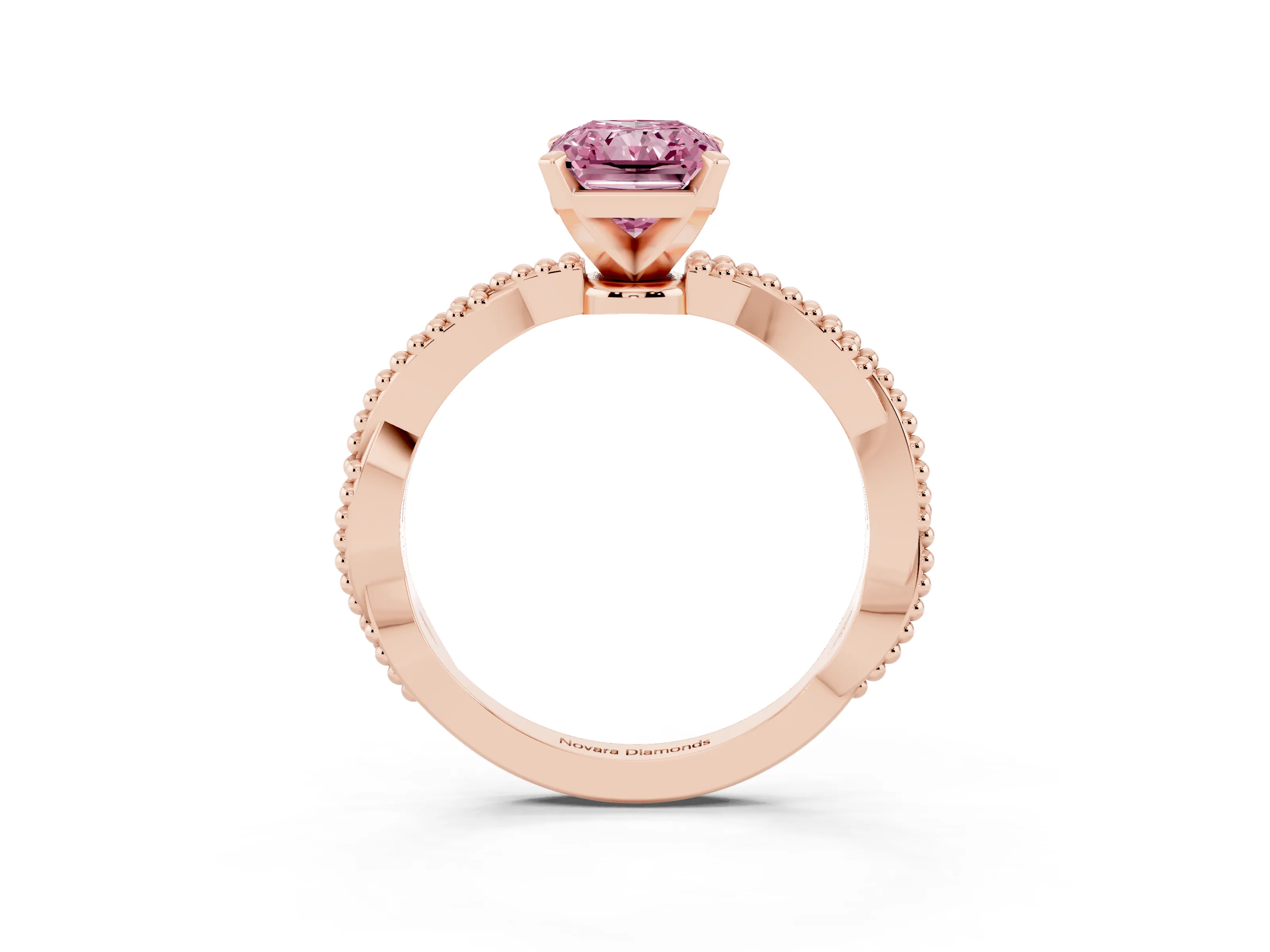Fancy Pink Radiant Cut Diamond Solitaire Ring Set in Rose gold with Twisted Band and Bead Prong Setting