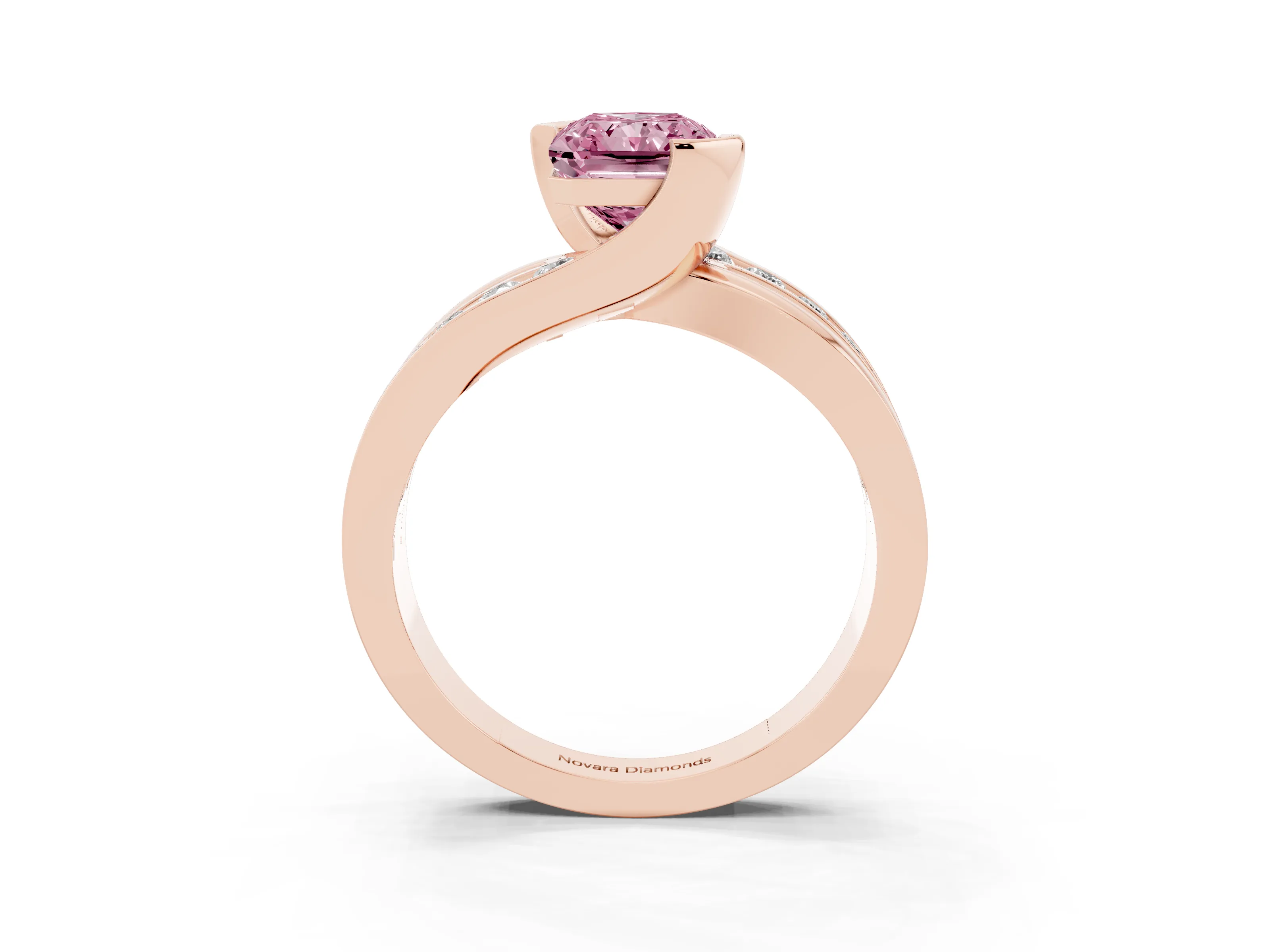 Fancy Pink Radiant Cut Diamond Solitaire Ring Set in Rose gold with Channel Set Split Shank and Tension Prongs