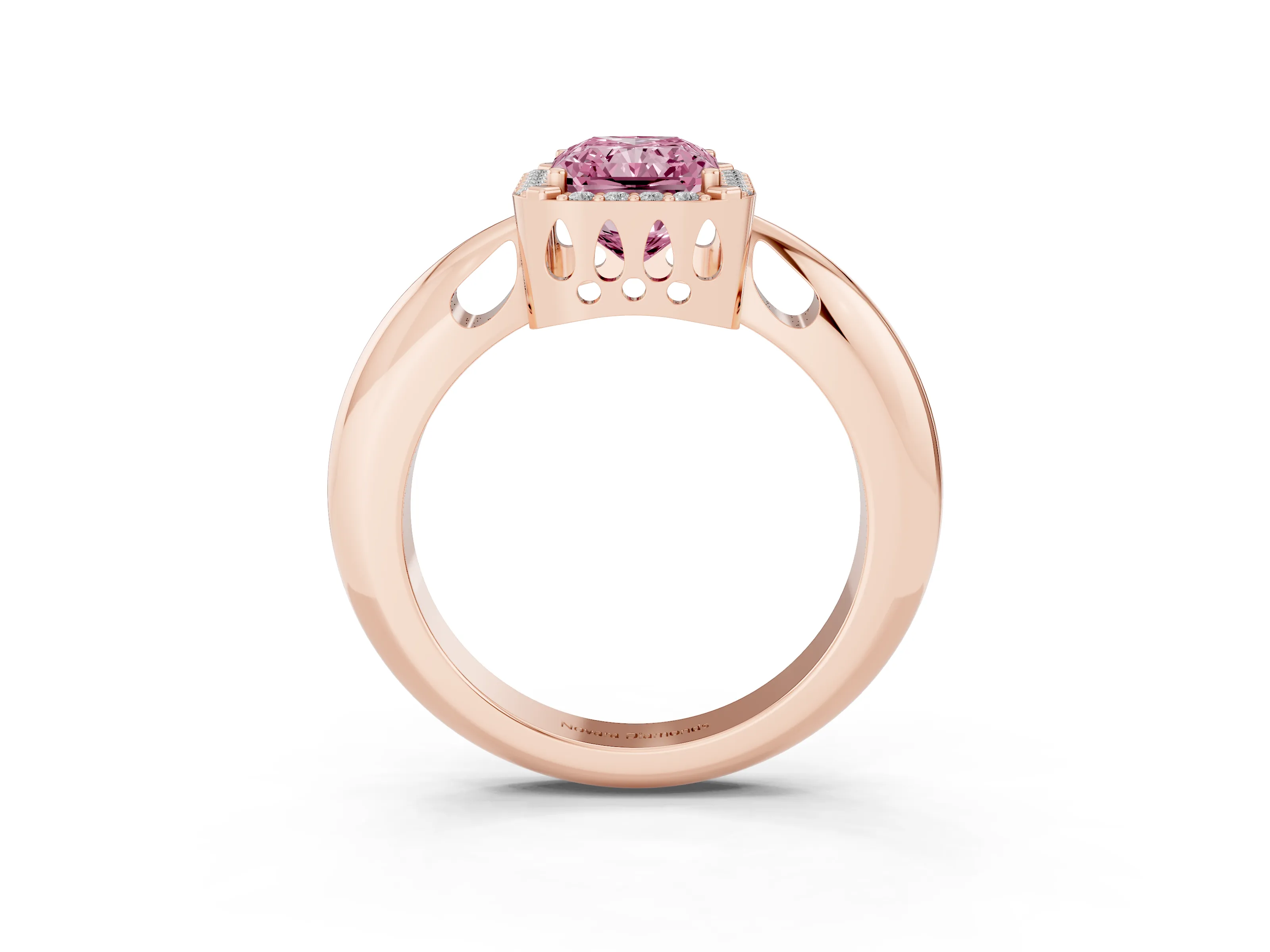 Fancy Pink Radiant Cut Diamond Halo Engagement Ring Set in Rose gold with Plain Split Shank and Prong Setting